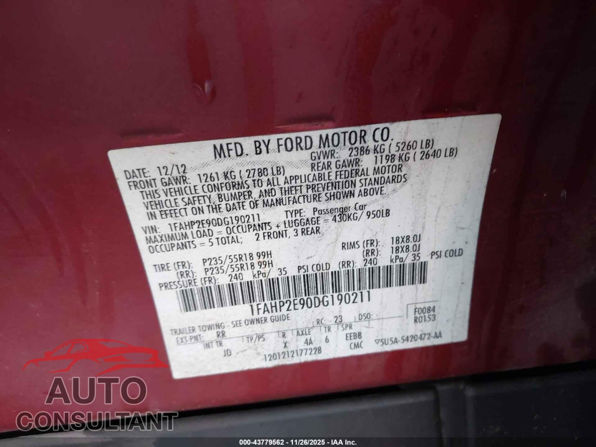 FORD TAURUS 2013 - 1FAHP2E90DG190211