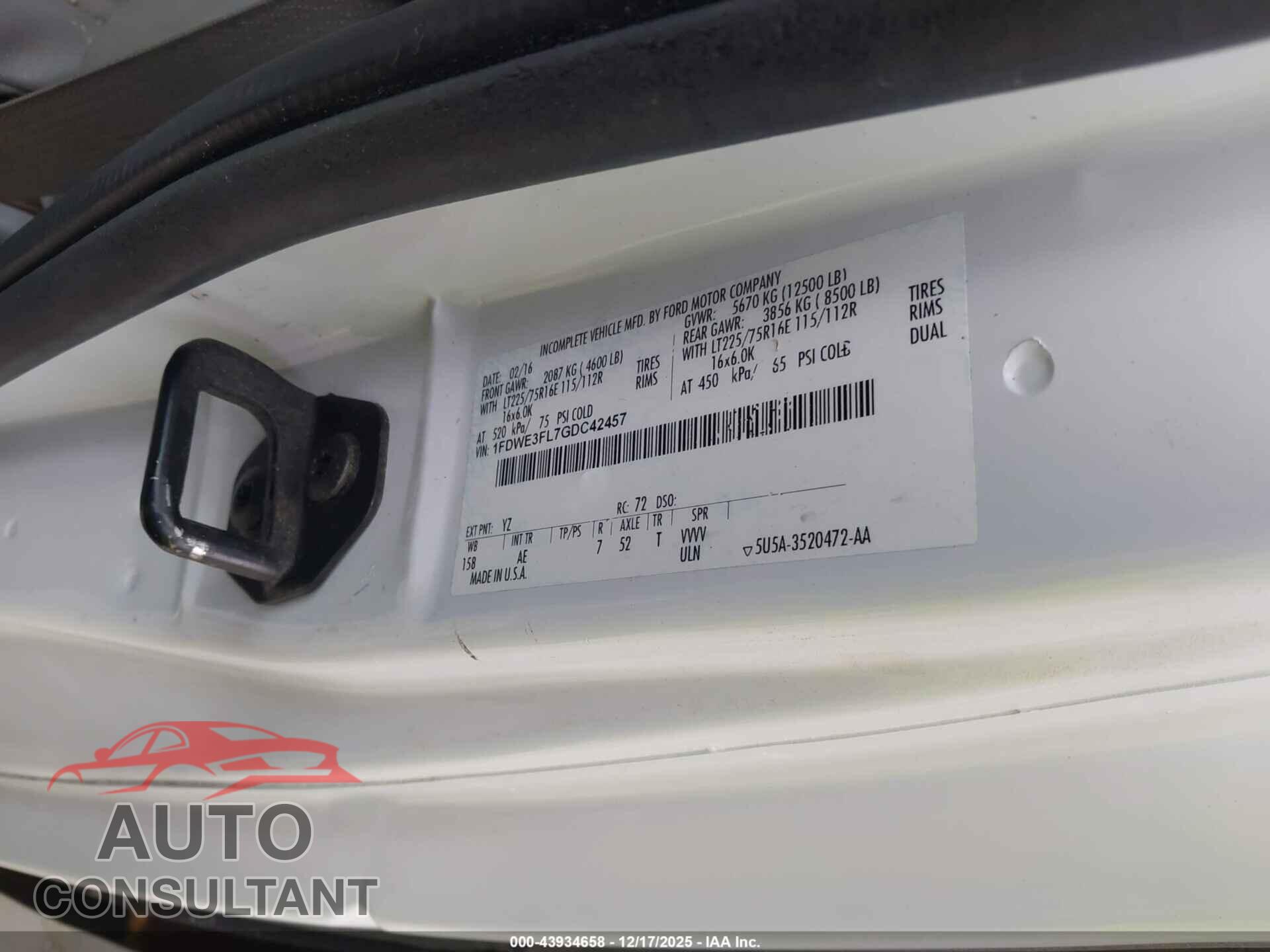 FORD E-350 CUTAWAY 2016 - 1FDWE3FL7GDC42457