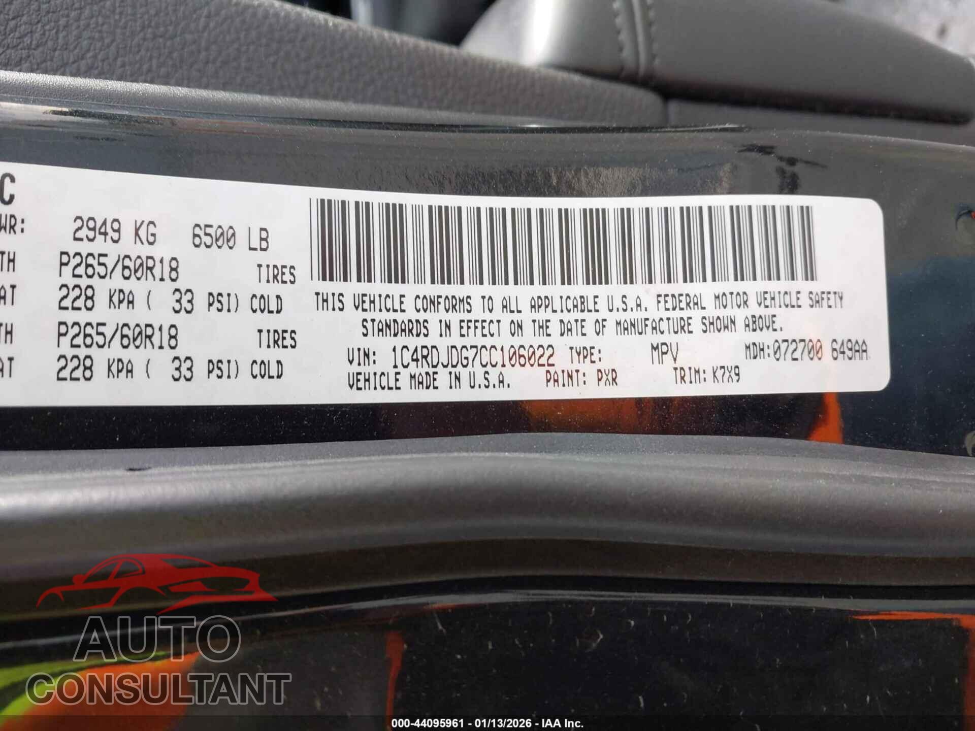 DODGE DURANGO 2012 - 1C4RDJDG7CC106022