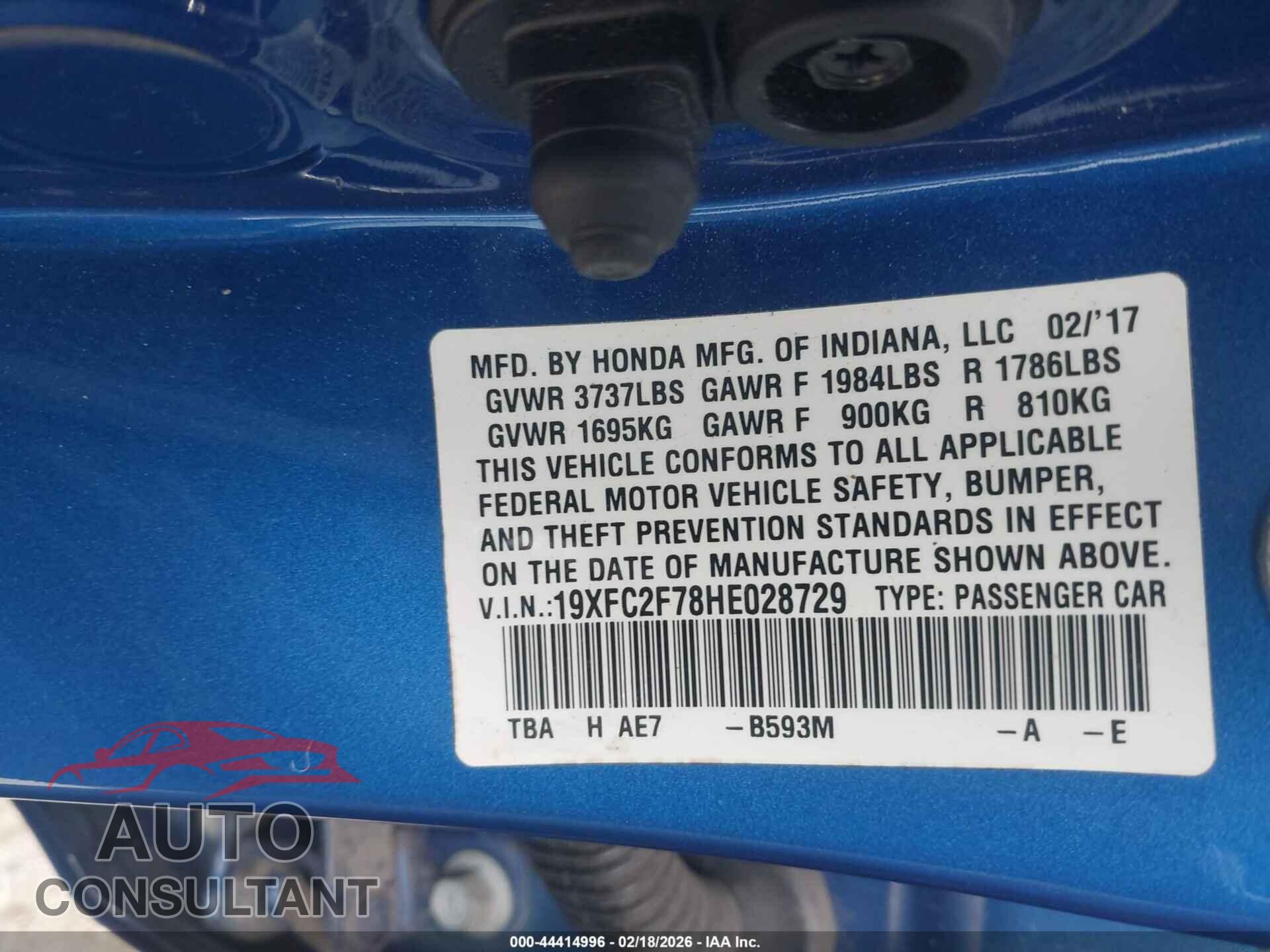 HONDA CIVIC 2017 - 19XFC2F78HE028729