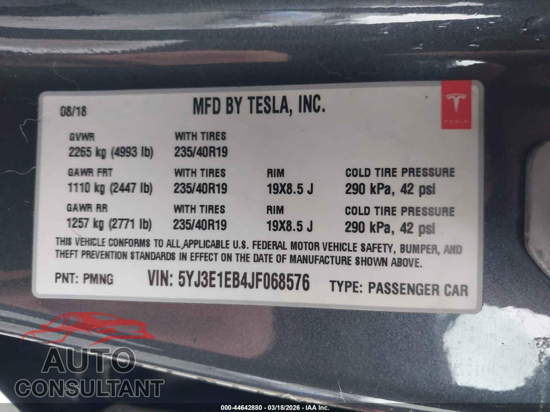 TESLA MODEL 3 2018 - 5YJ3E1EB4JF068576
