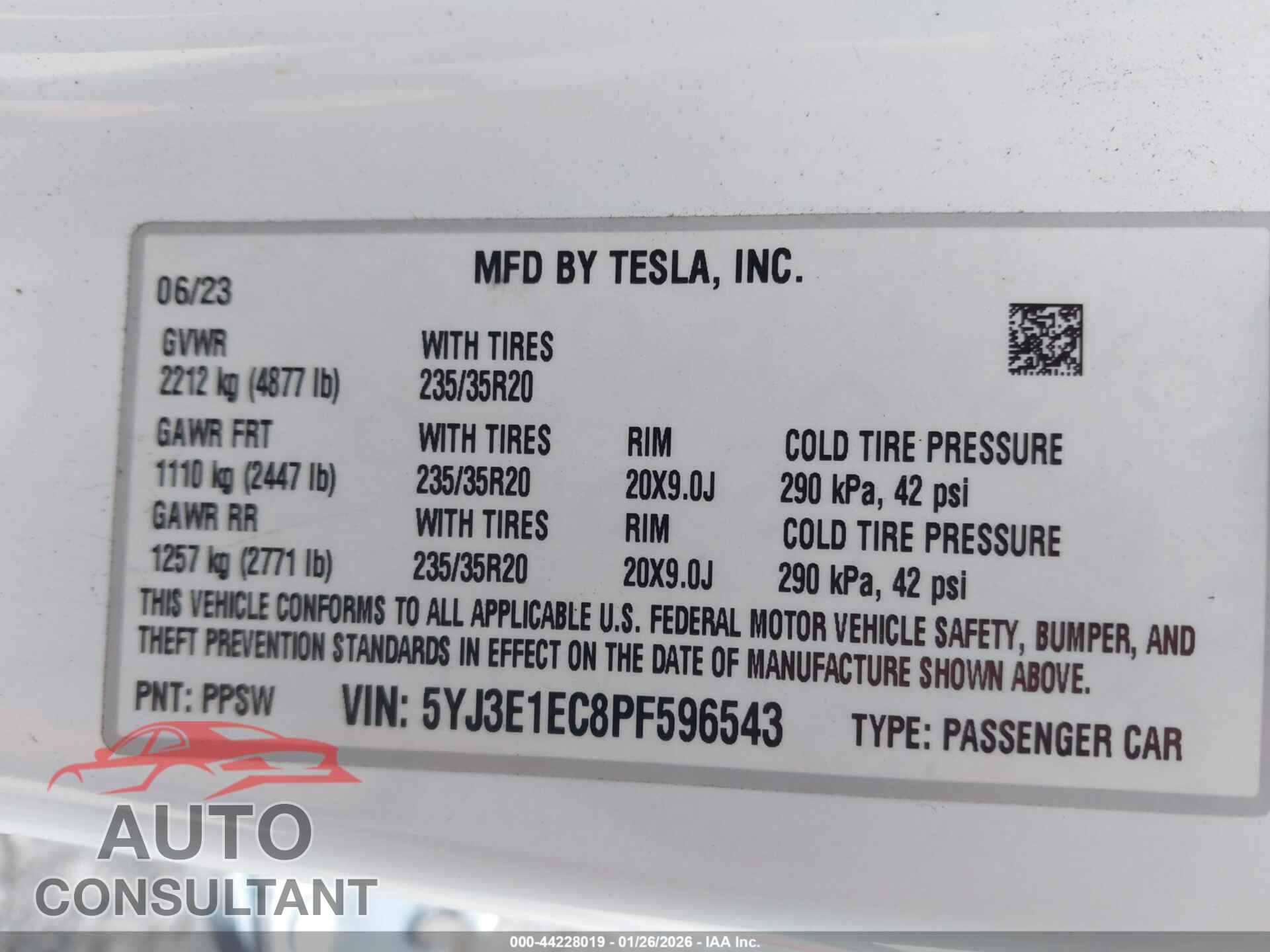 TESLA MODEL 3 2023 - 5YJ3E1EC8PF596543