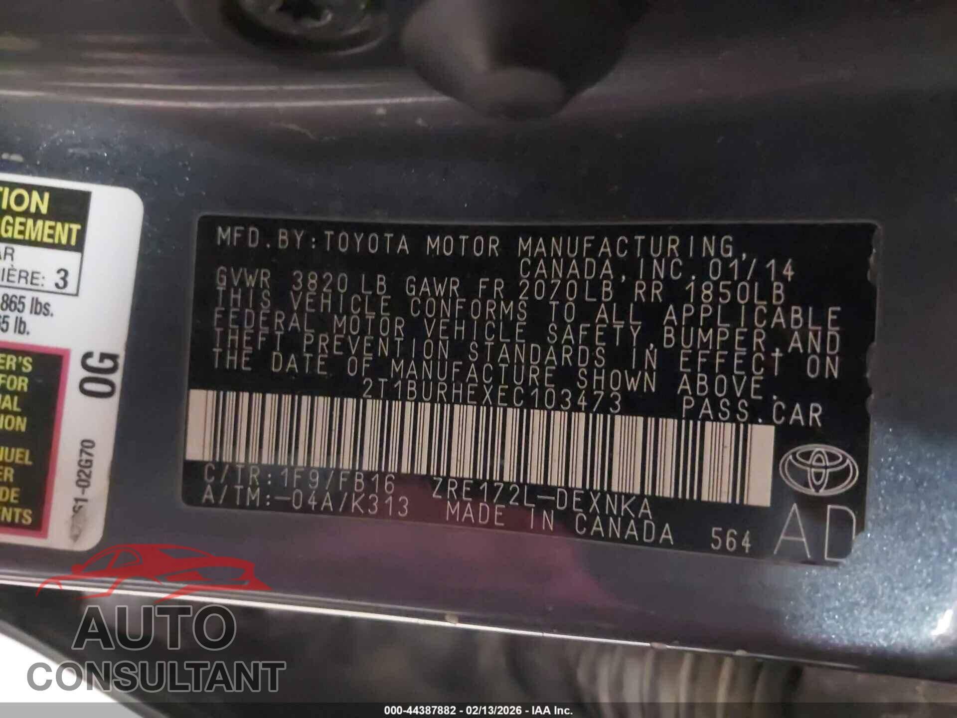 TOYOTA COROLLA 2014 - 2T1BURHEXEC103473