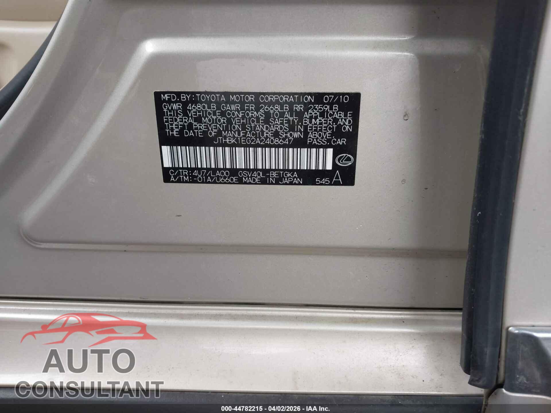 LEXUS ES 350 2010 - JTHBK1EG2A2408647