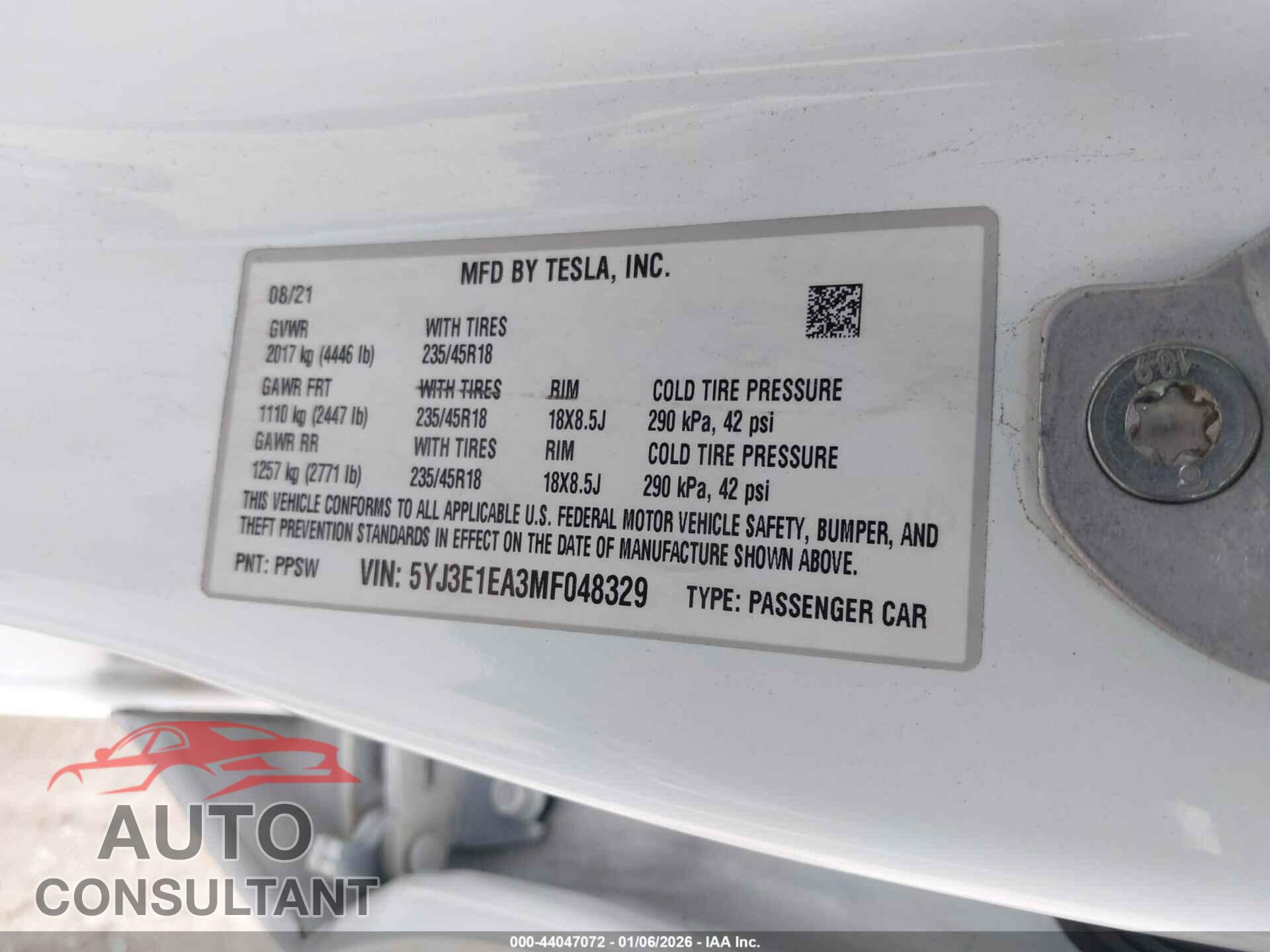 TESLA MODEL 3 2021 - 5YJ3E1EA3MF048329