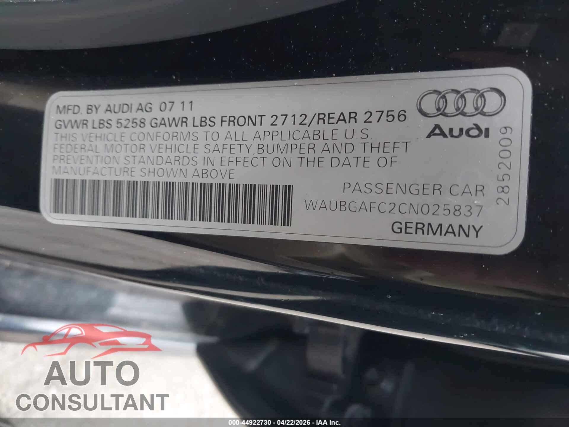 AUDI A6 2012 - WAUBGAFC2CN025837
