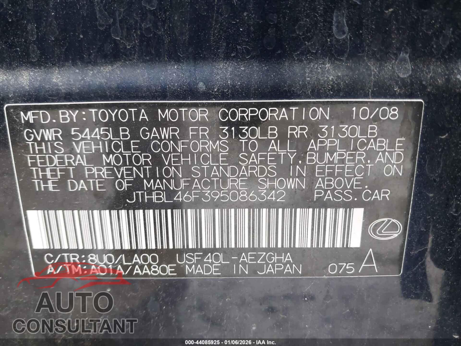 LEXUS LS 460 2009 - JTHBL46F395086342