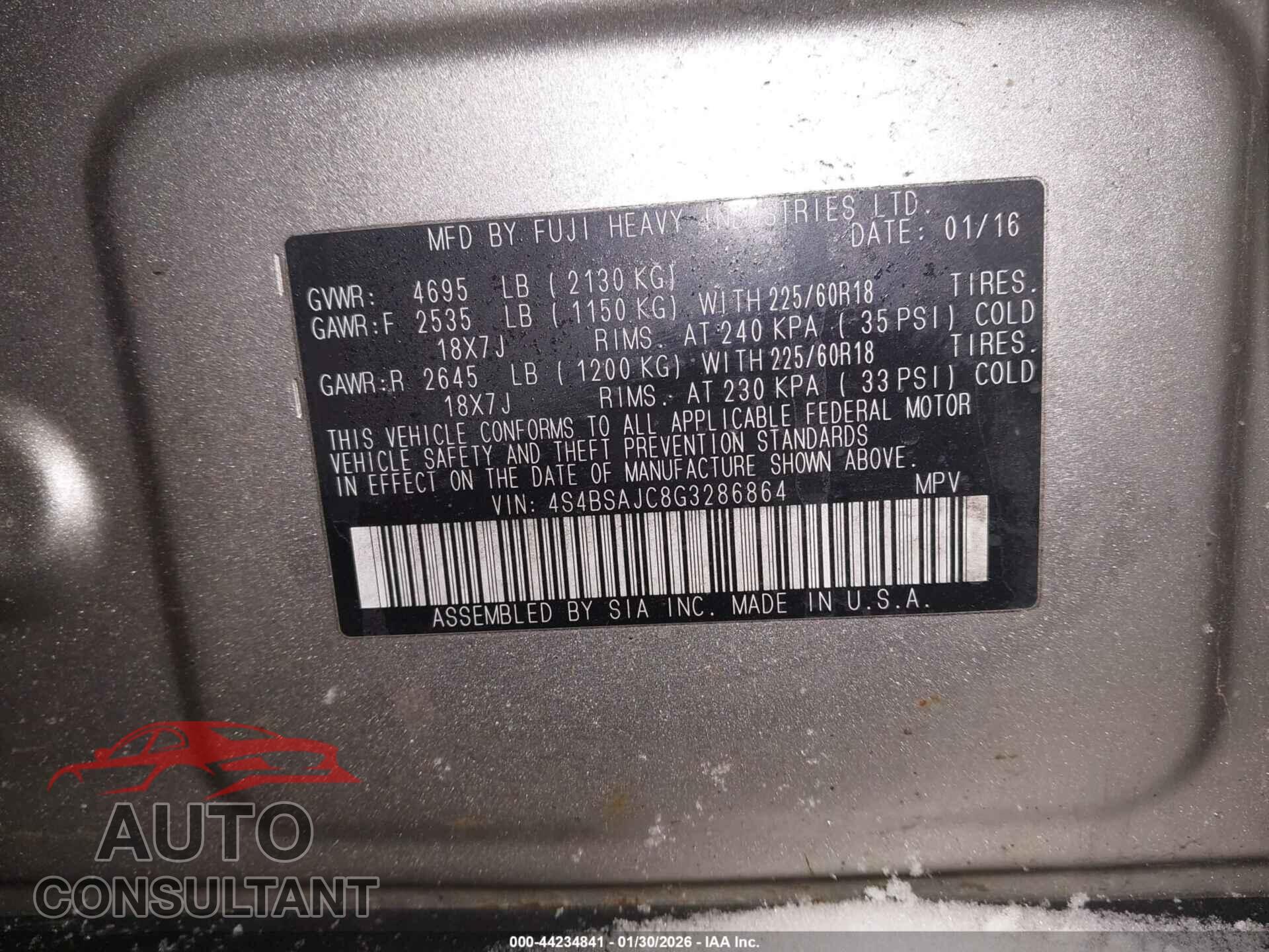 SUBARU OUTBACK 2016 - 4S4BSAJC8G3286864