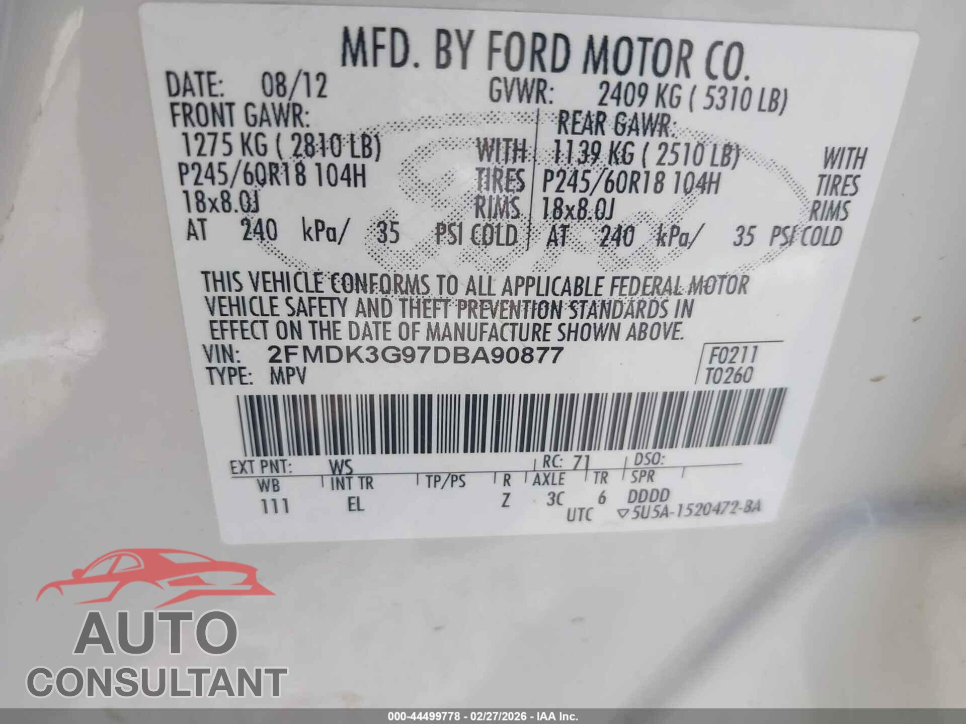 FORD EDGE 2013 - 2FMDK3G97DBA90877