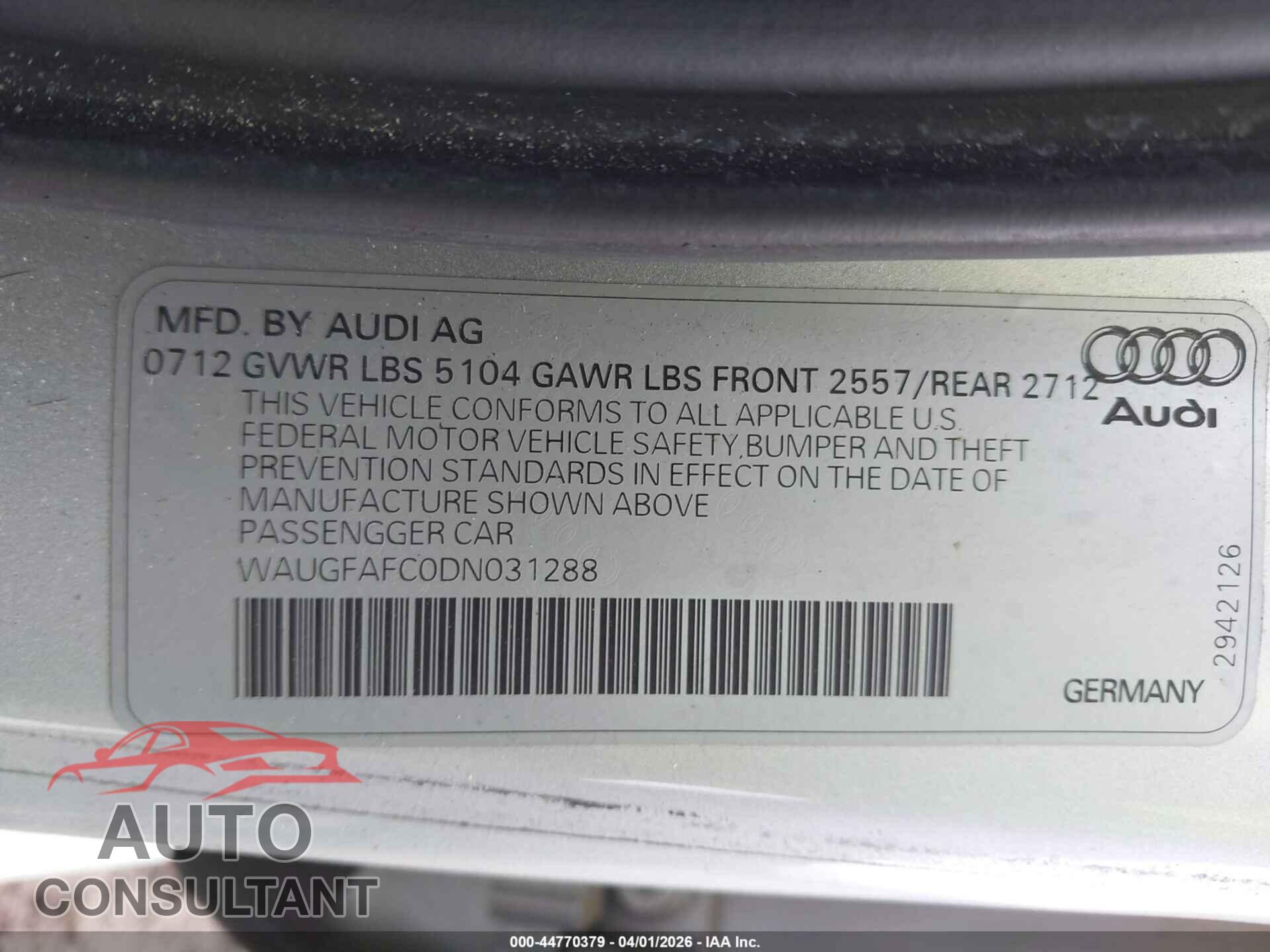 AUDI A6 2013 - WAUGFAFC0DN031288