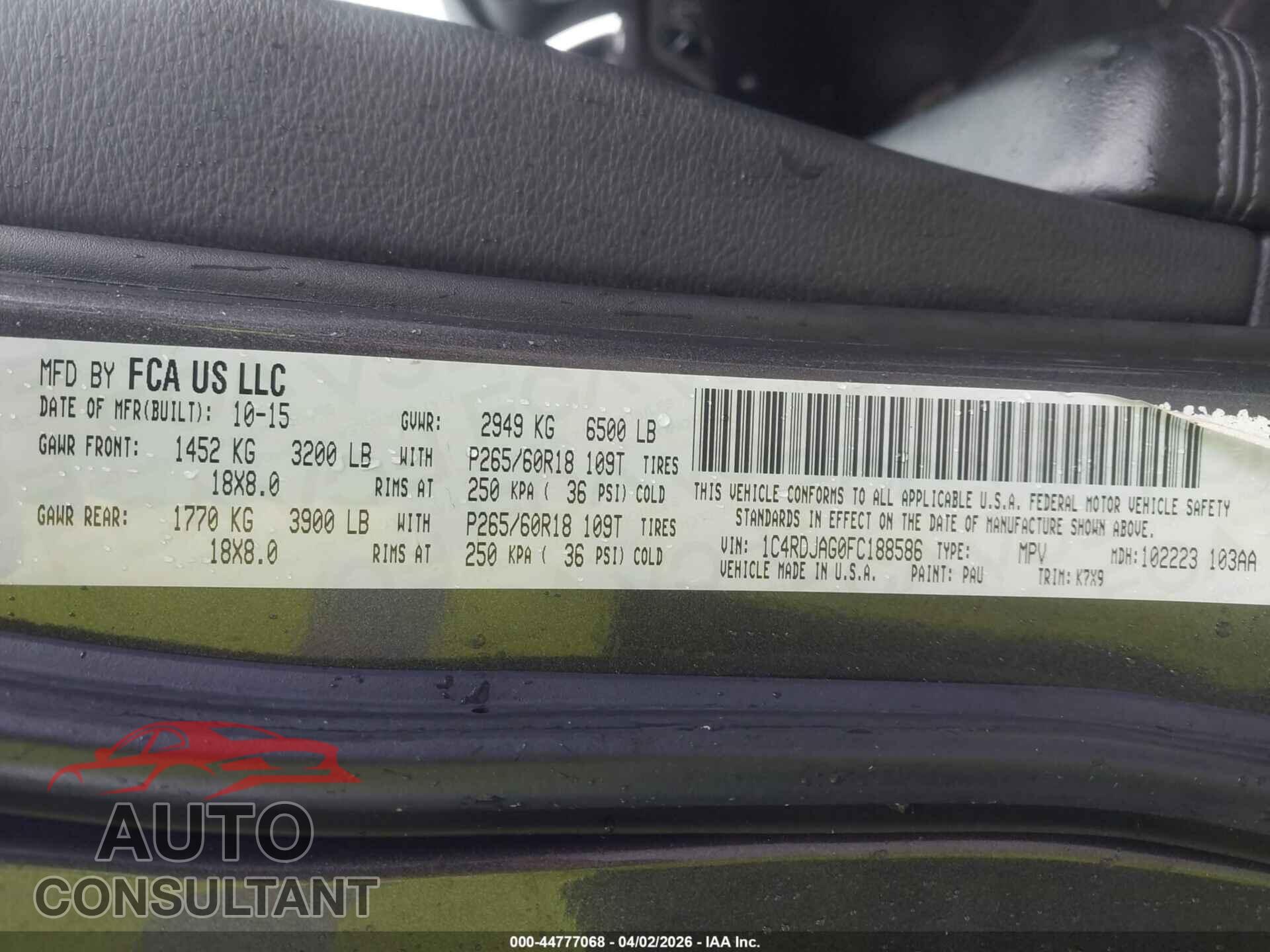 DODGE DURANGO 2015 - 1C4RDJAG0FC188586