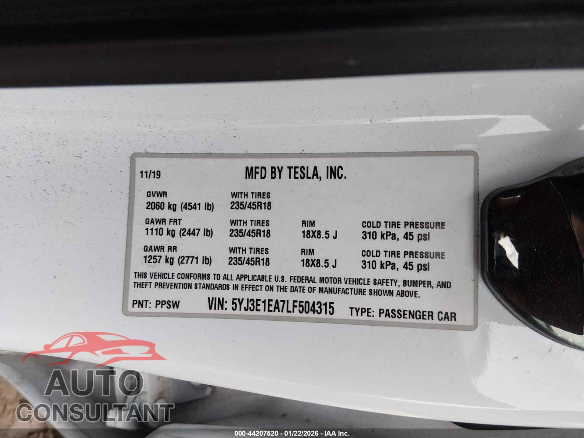 TESLA MODEL 3 2020 - 5YJ3E1EA7LF504315