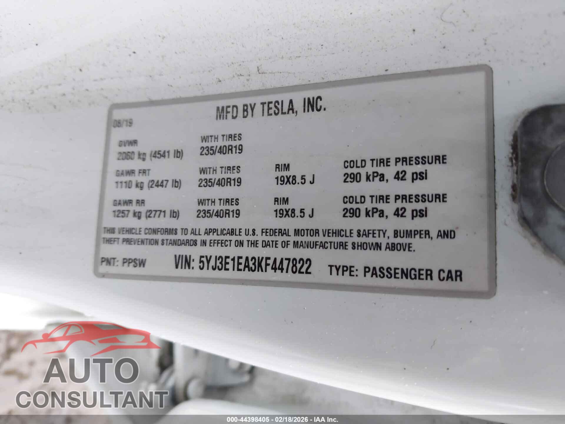 TESLA MODEL 3 2019 - 5YJ3E1EA3KF447822