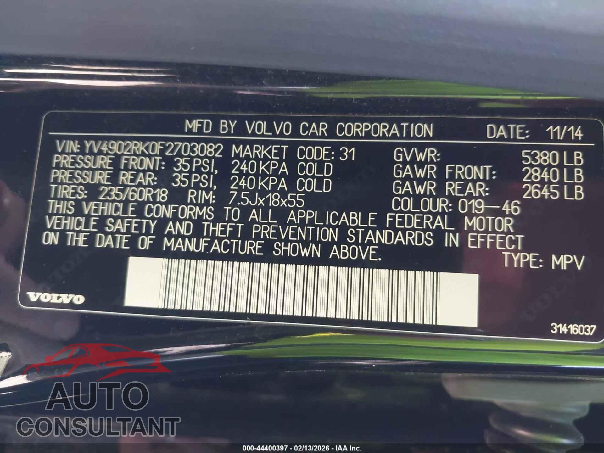 VOLVO XC60 2015 - YV4902RK0F2703082