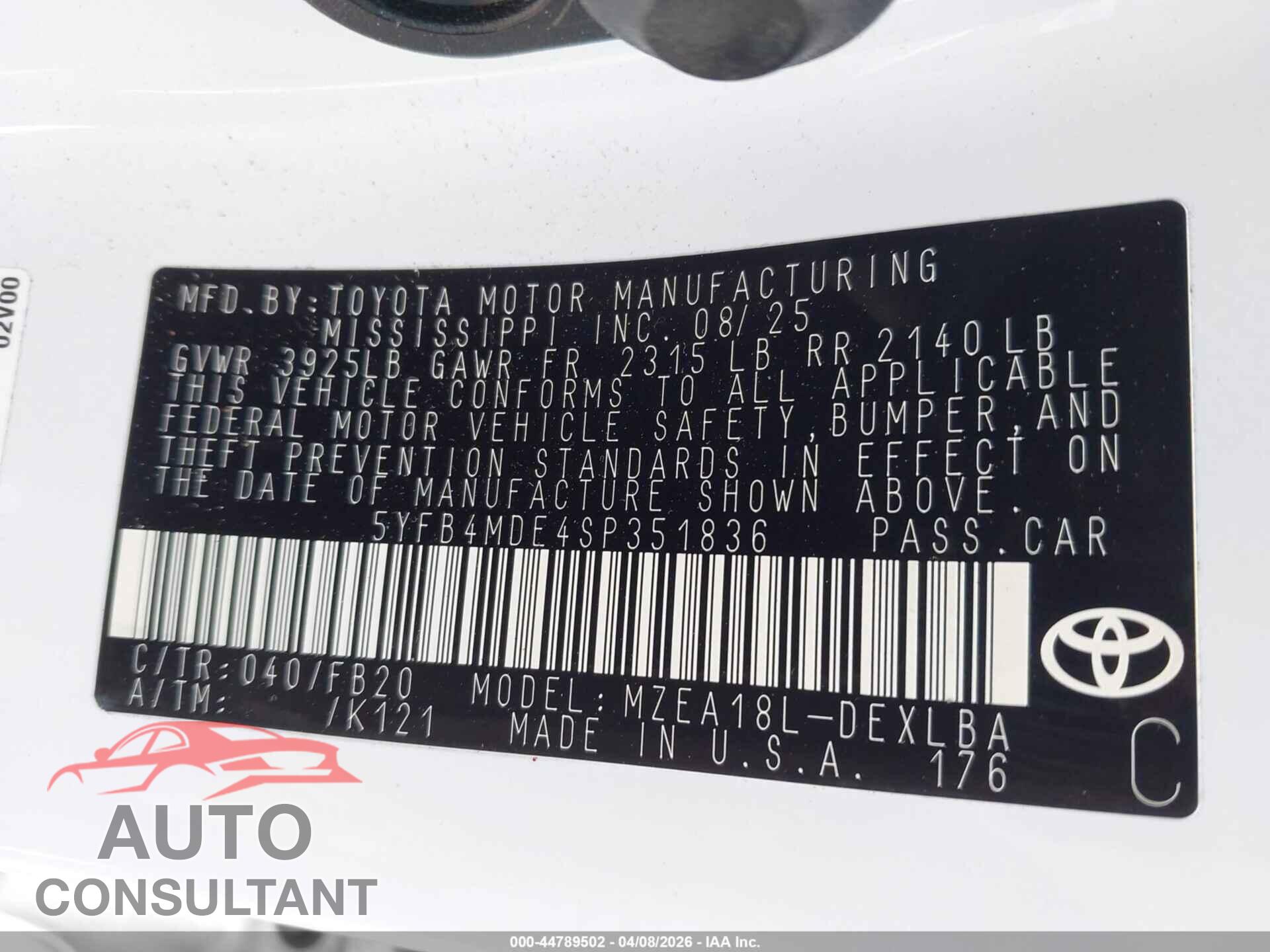 TOYOTA COROLLA 2025 - 5YFB4MDE4SP351836