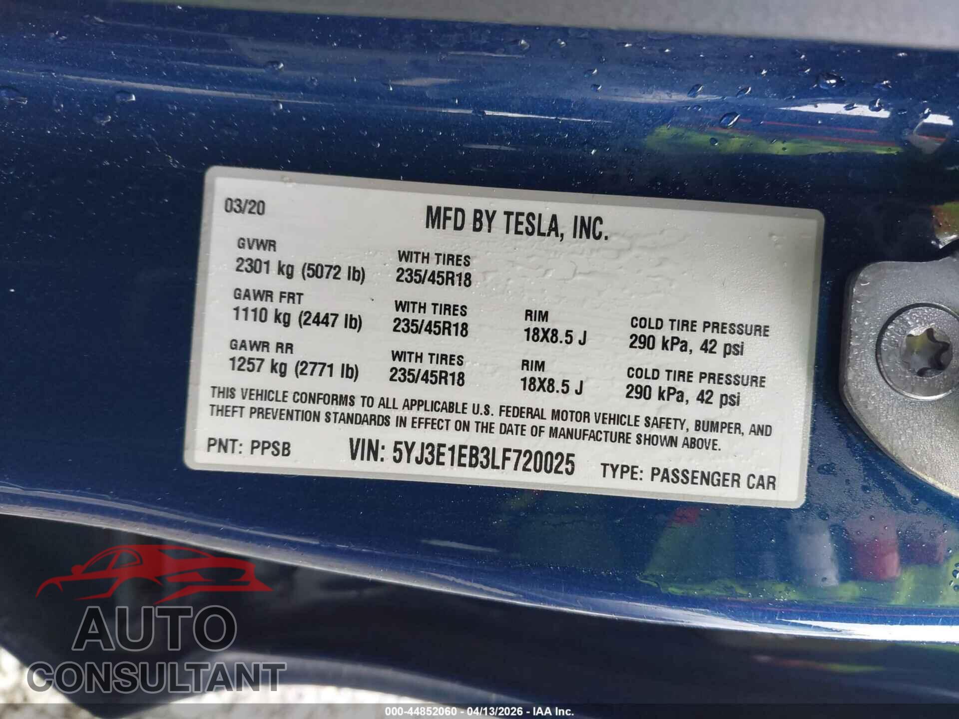 TESLA MODEL 3 2020 - 5YJ3E1EB3LF720025