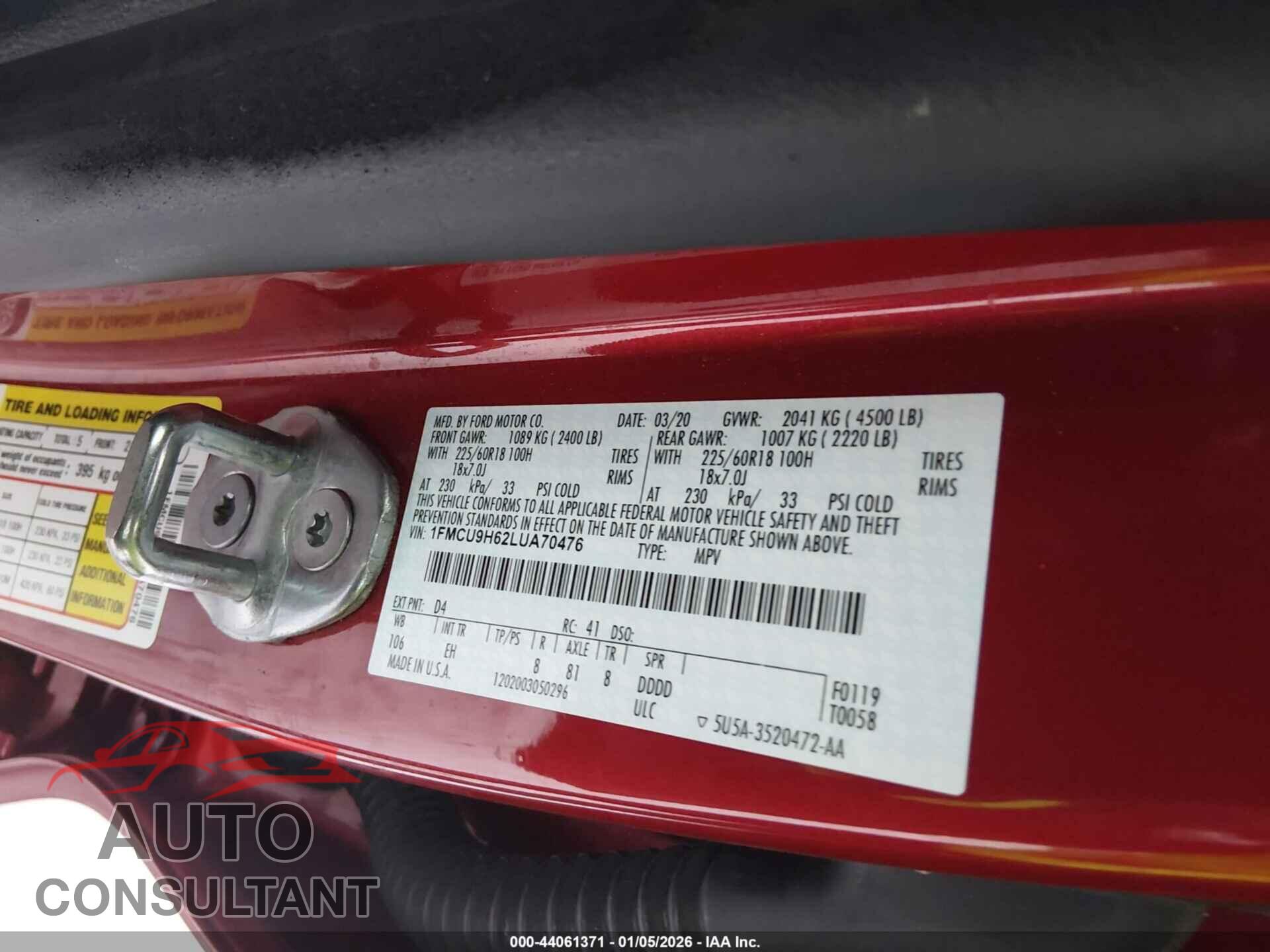 FORD ESCAPE 2020 - 1FMCU9H62LUA70476