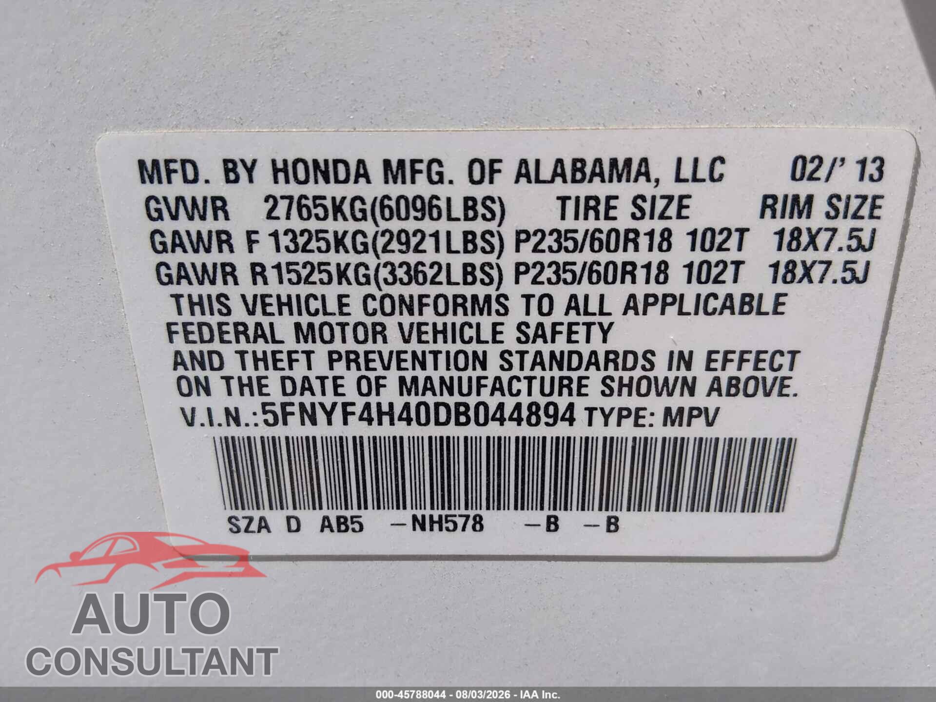 HONDA PILOT 2013 - 5FNYF4H40DB044894