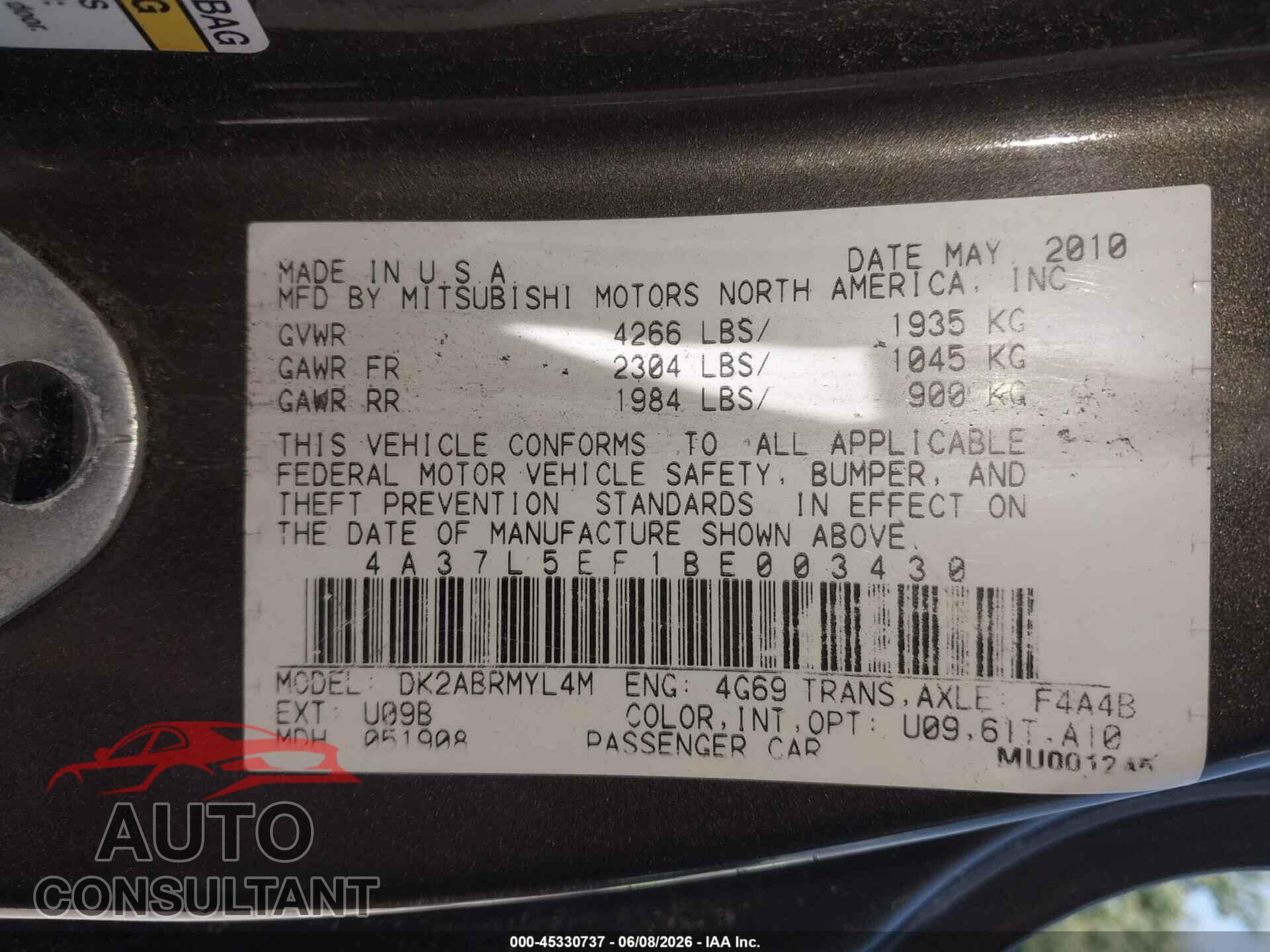 MITSUBISHI ECLIPSE SPYDER 2011 - 4A37L5EF1BE003430
