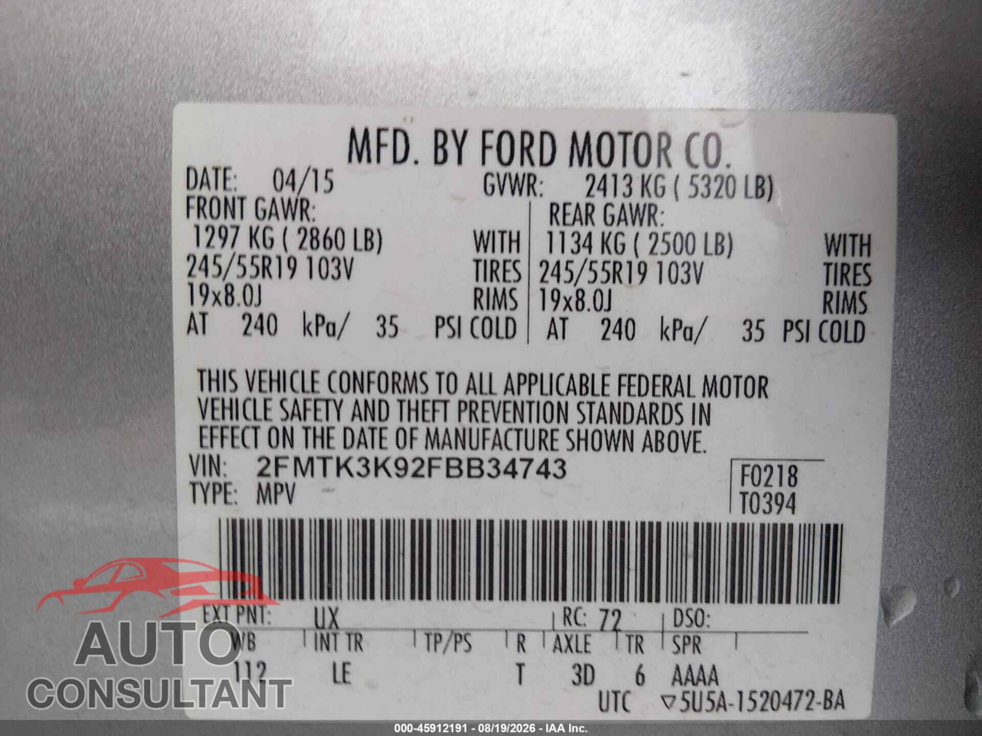 FORD EDGE 2015 - 2FMTK3K92FBB34743