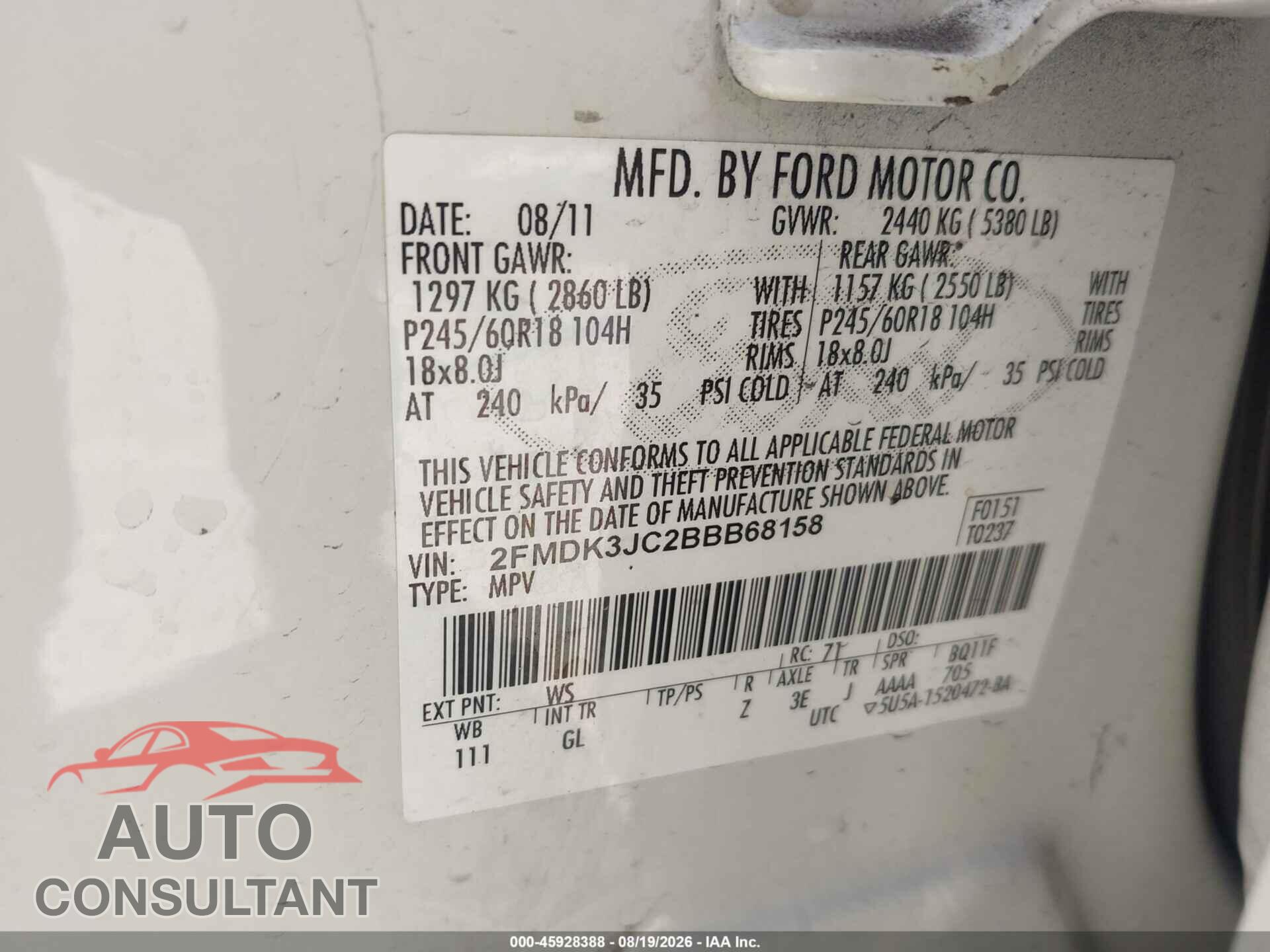 FORD EDGE 2011 - 2FMDK3JC2BBB68158