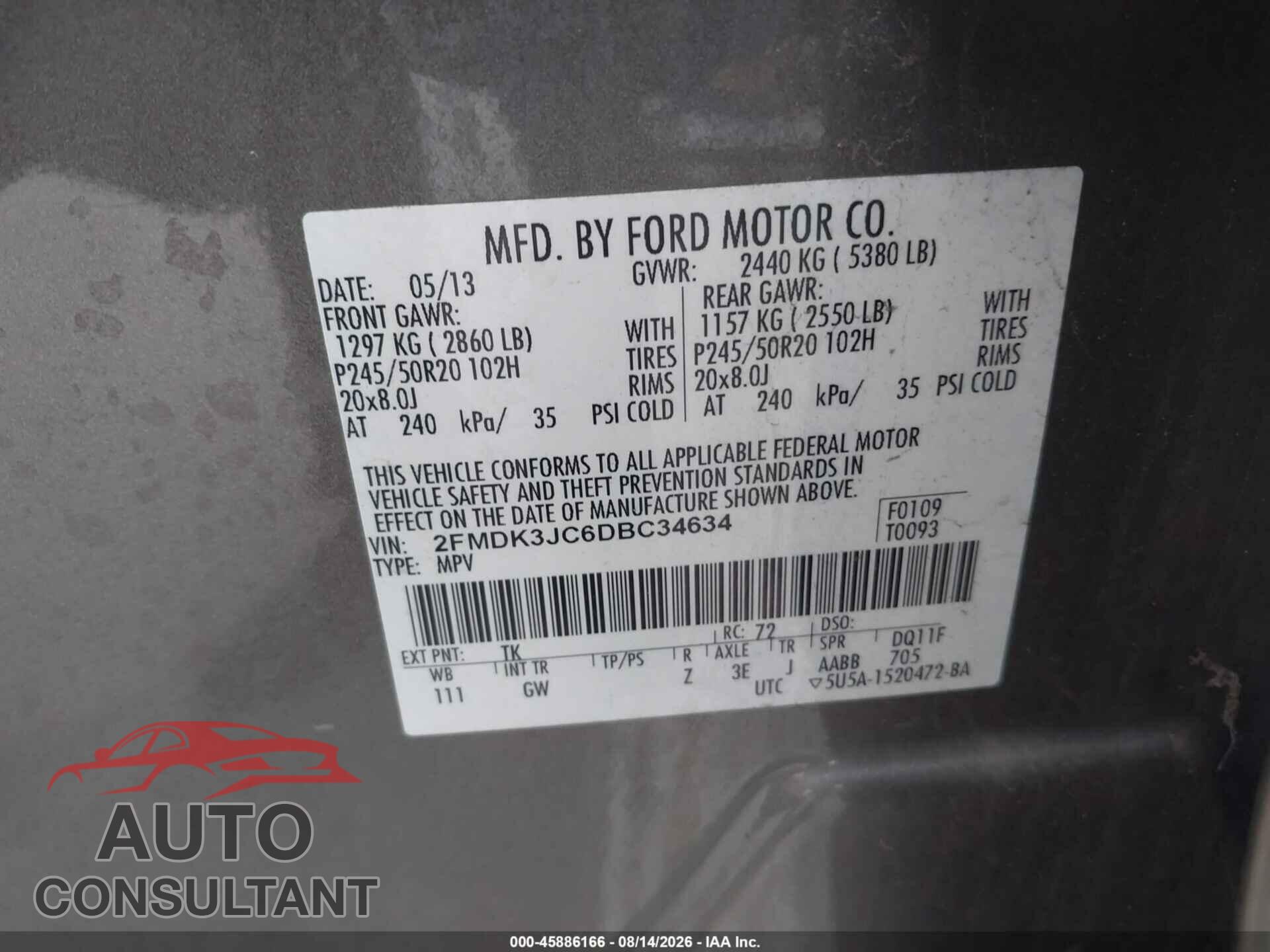 FORD EDGE 2013 - 2FMDK3JC6DBC34634