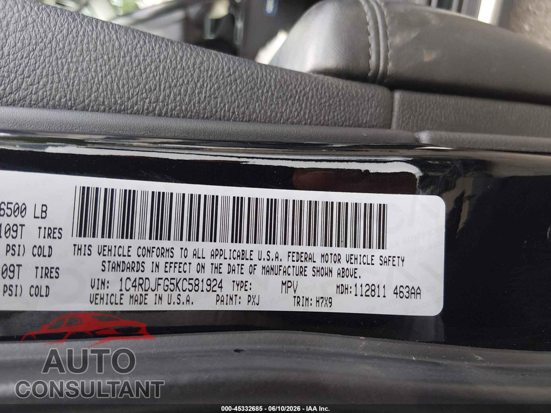 DODGE DURANGO 2019 - 1C4RDJFG5KC581924