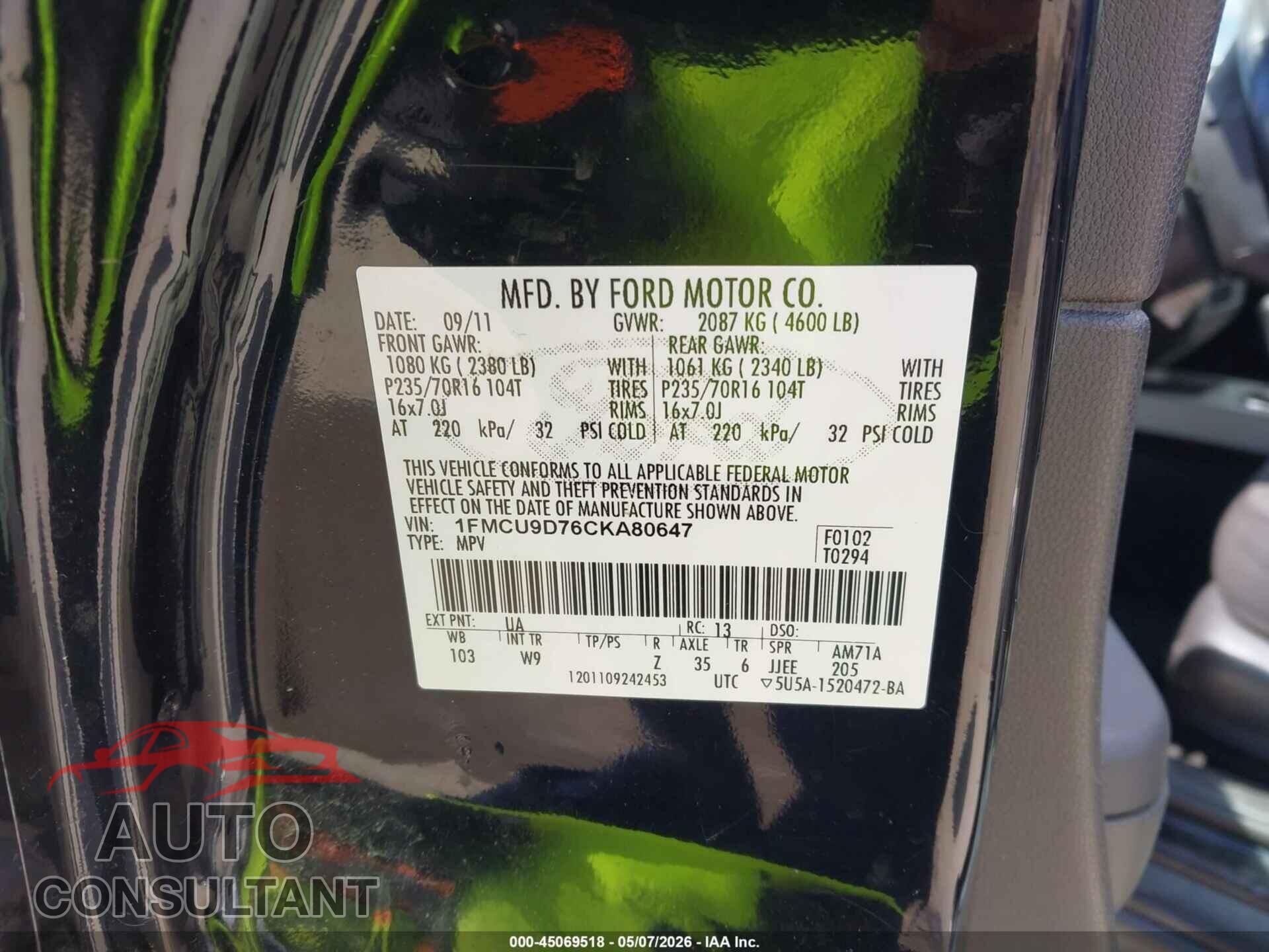 FORD ESCAPE 2012 - 1FMCU9D76CKA80647