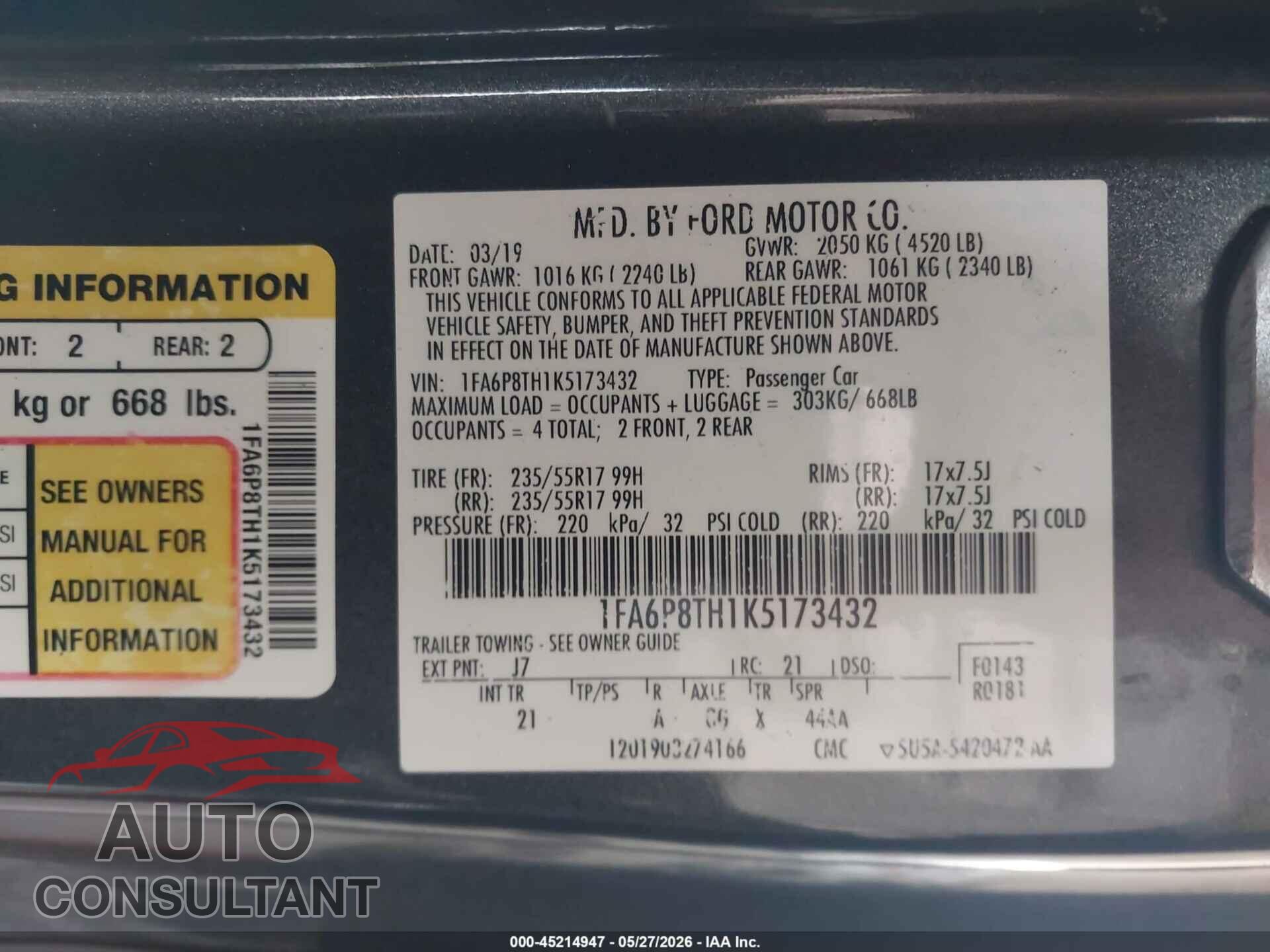 FORD MUSTANG 2019 - 1FA6P8TH1K5173432