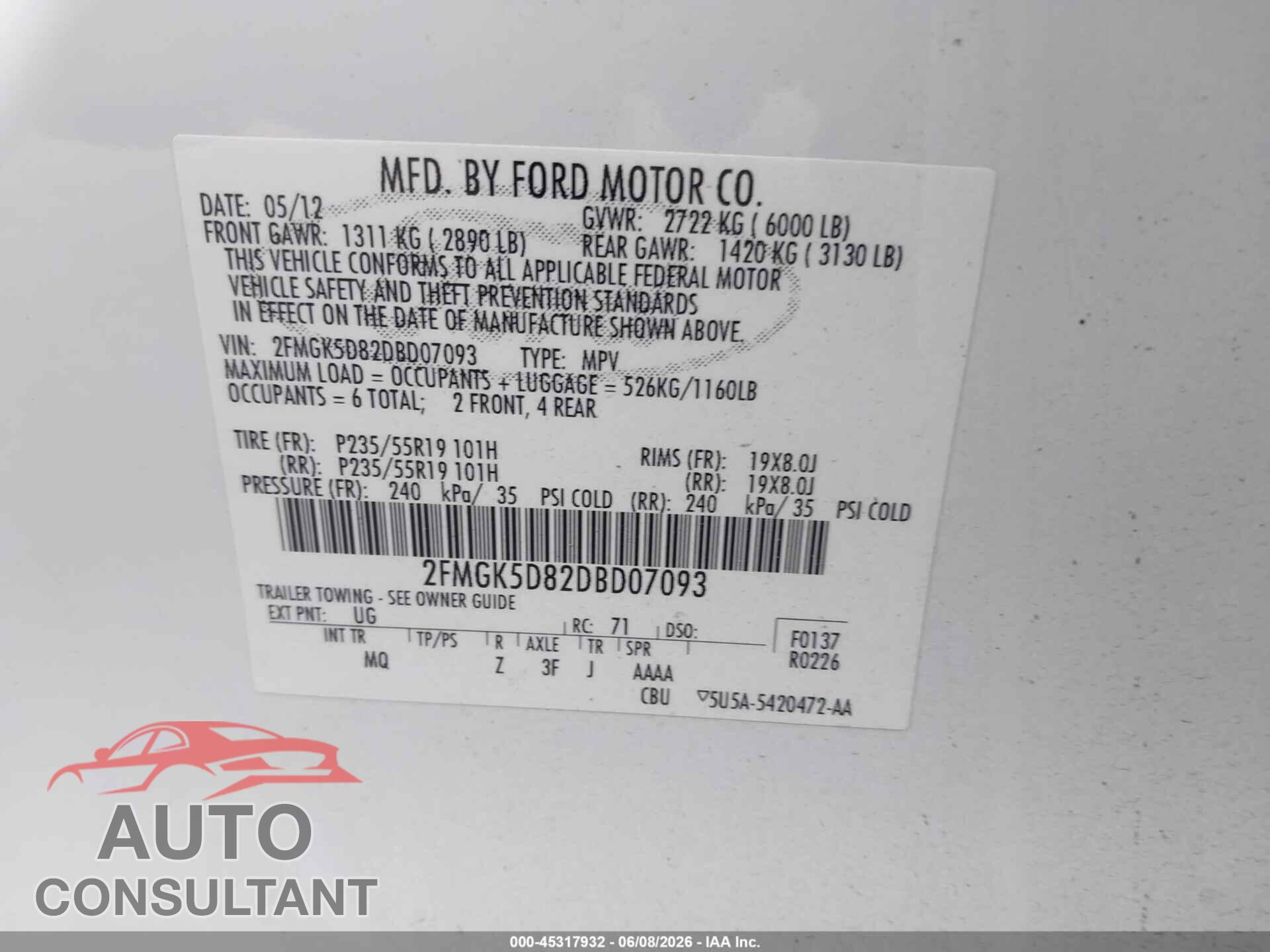 FORD FLEX 2013 - 2FMGK5D82DBD07093