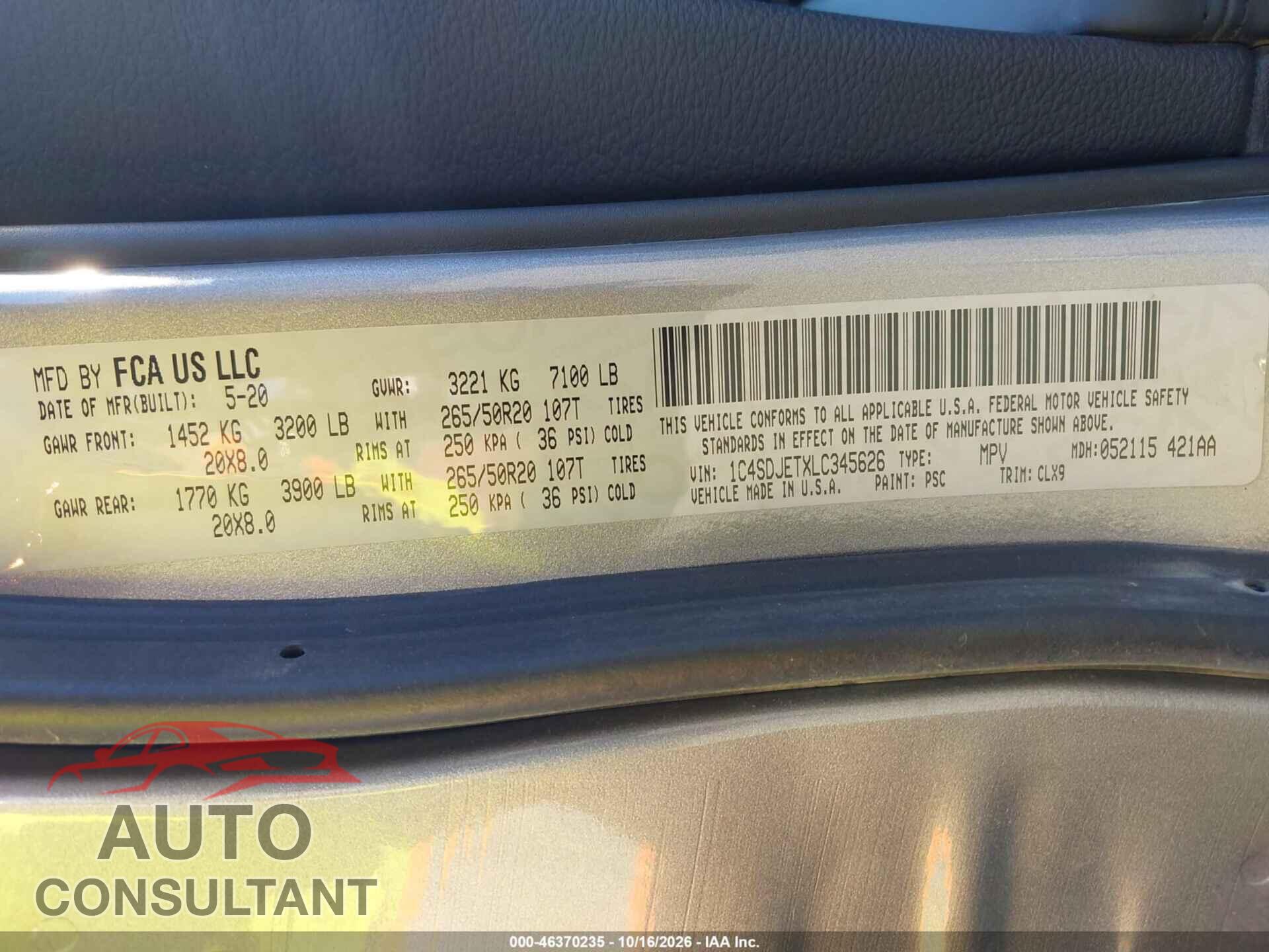 DODGE DURANGO 2020 - 1C4SDJETXLC345626