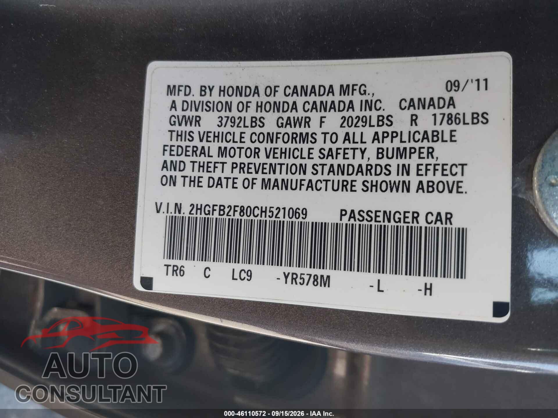 HONDA CIVIC 2012 - 2HGFB2F80CH521069