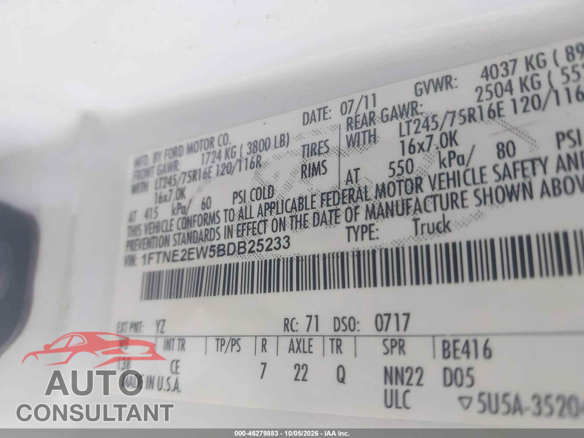 FORD E-250 2011 - 1FTNE2EW5BDB25233