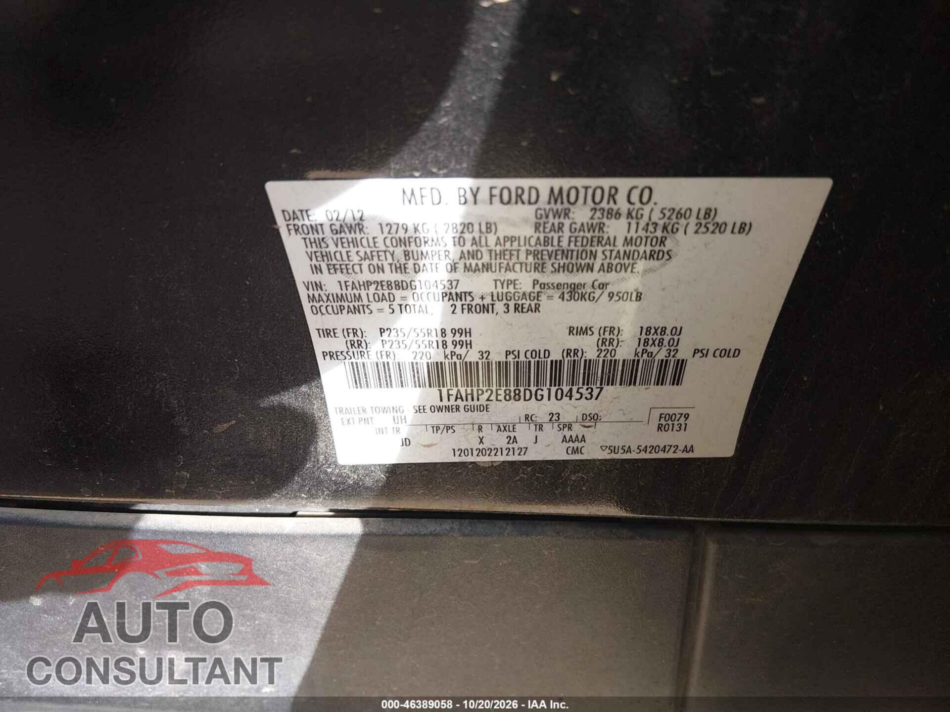 FORD TAURUS 2013 - 1FAHP2E88DG104537