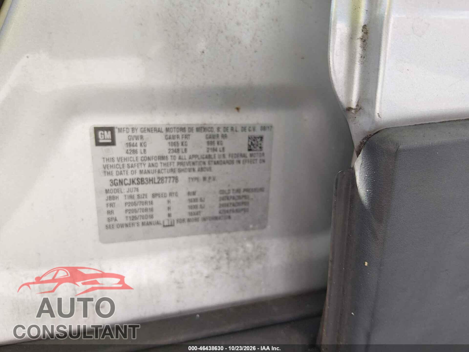 CHEVROLET TRAX 2017 - 3GNCJKSB3HL287778