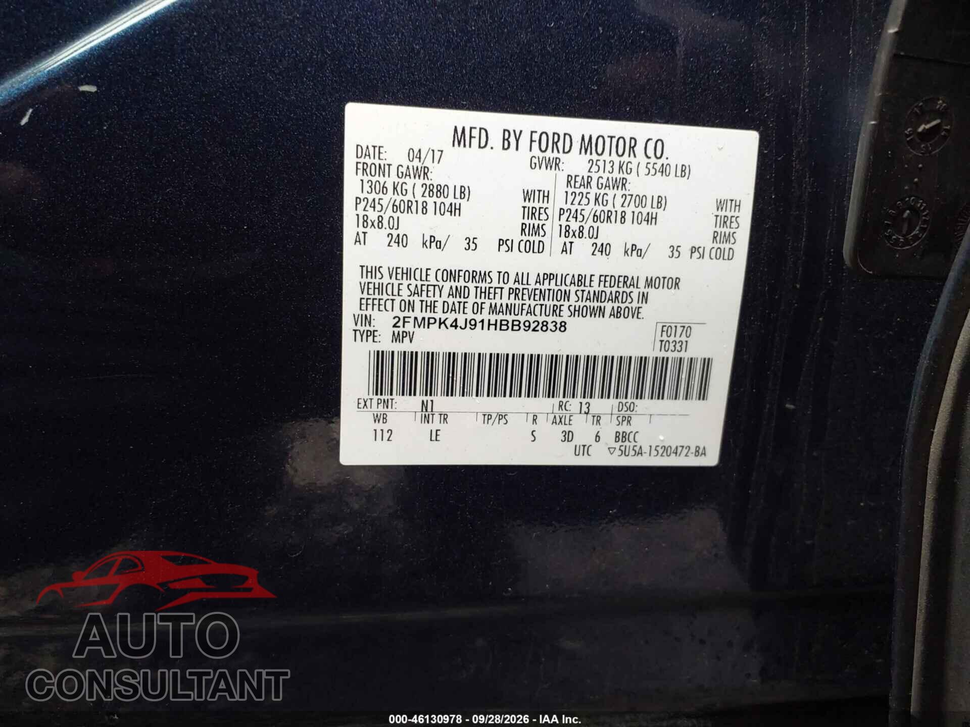FORD EDGE 2017 - 2FMPK4J91HBB92838