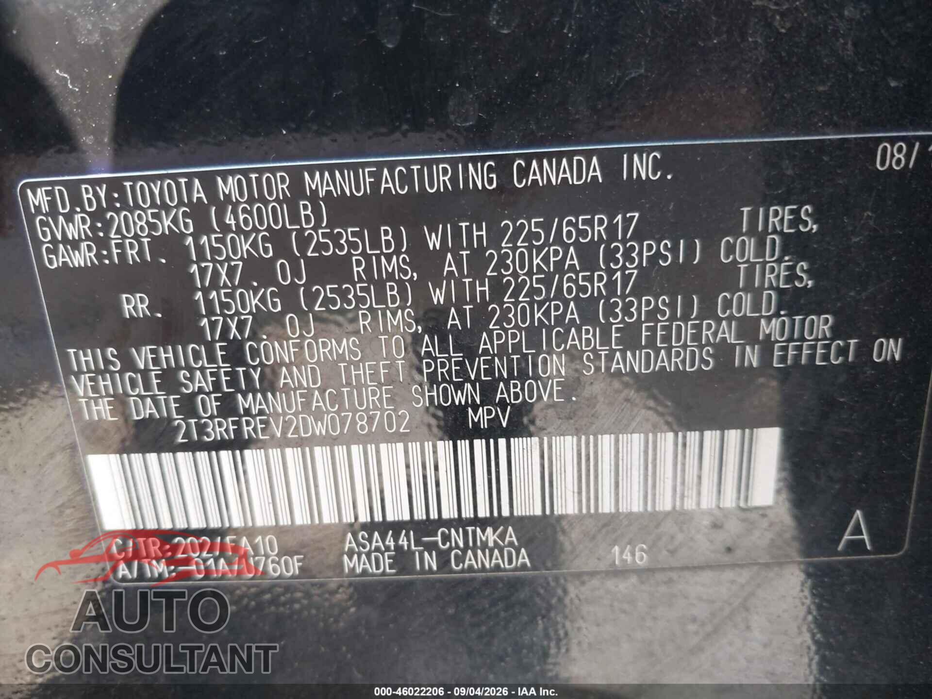 TOYOTA RAV4 2013 - 2T3RFREV2DW078702