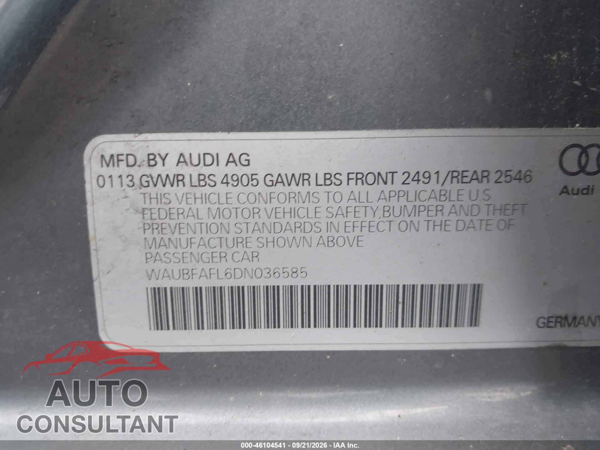 AUDI A4 2013 - WAUBFAFL6DN036585