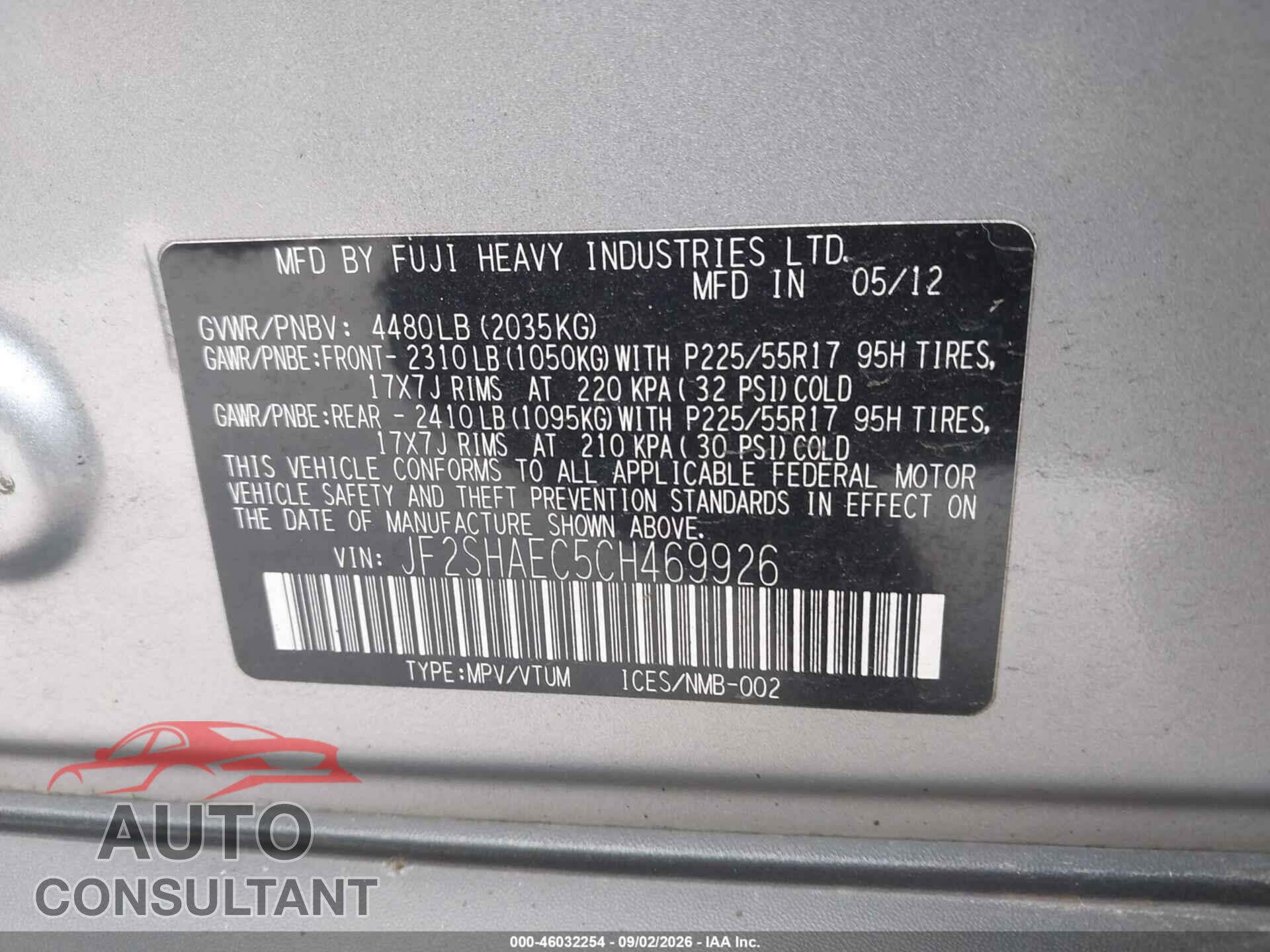 SUBARU FORESTER 2012 - JF2SHAEC5CH469926