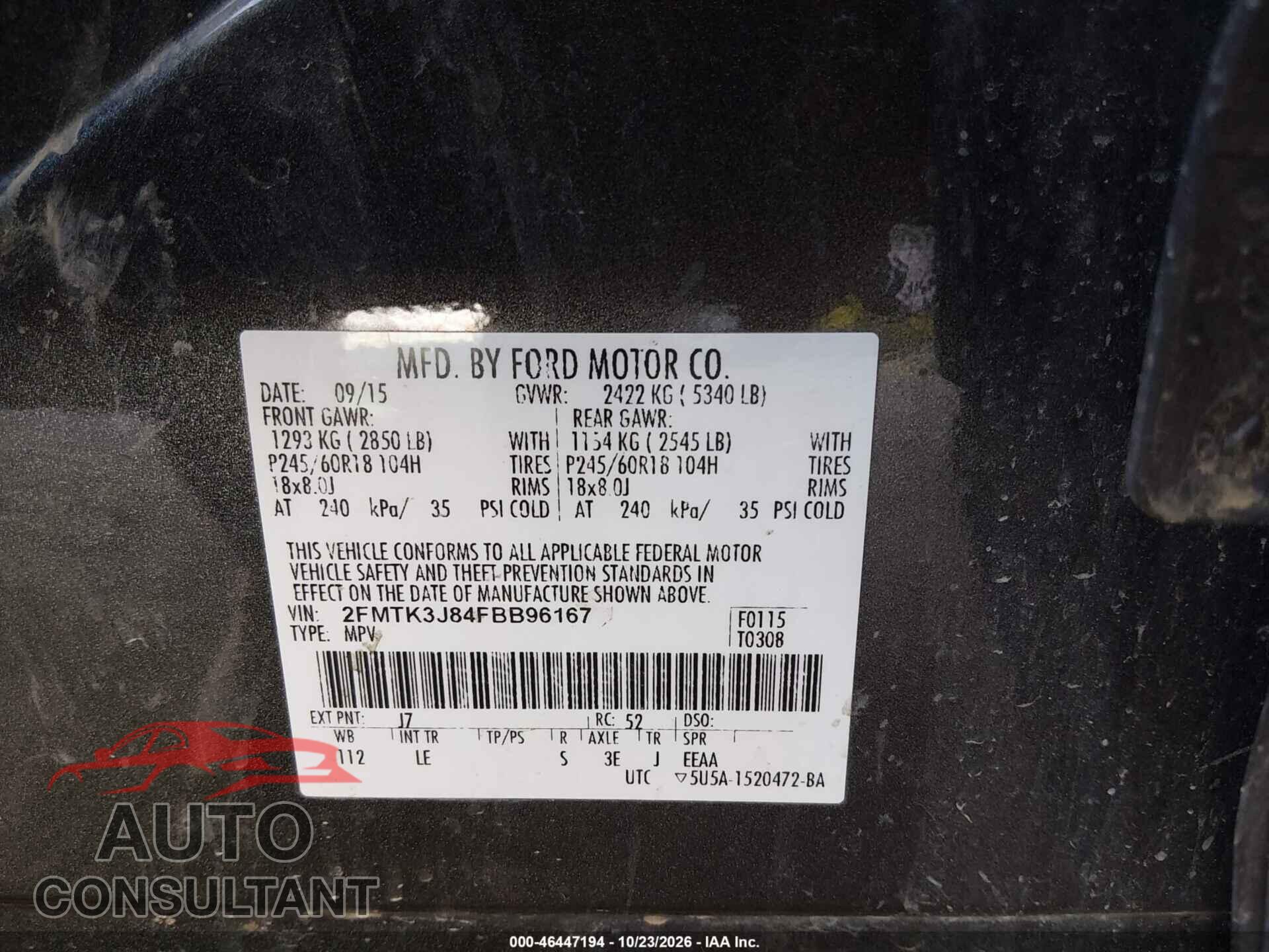 FORD EDGE 2015 - 2FMTK3J93FBB96167