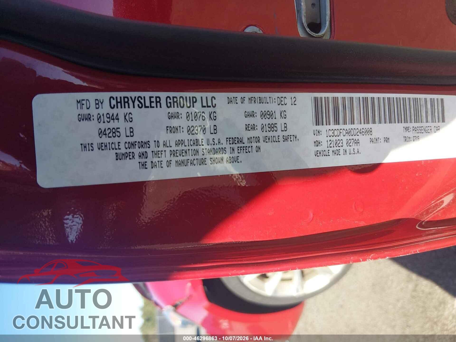 DODGE DART 2013 - 1C3CDFCA0DD246008