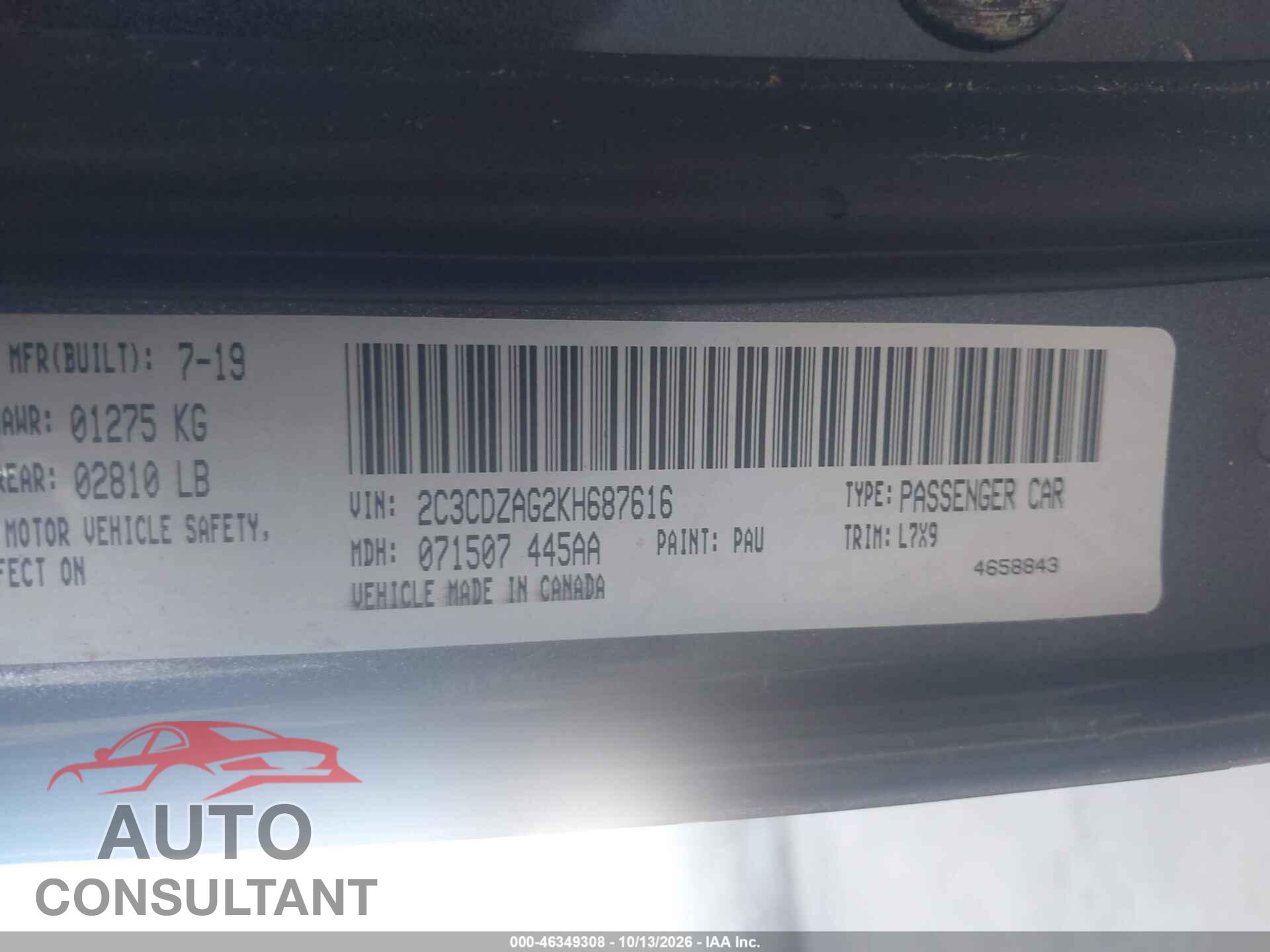 DODGE CHALLENGER 2019 - 2C3CDZAG2KH687616