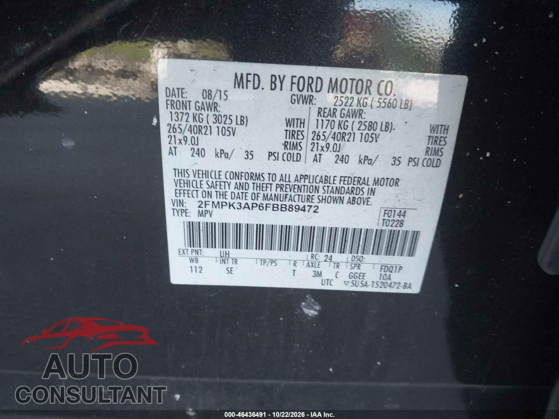 FORD EDGE 2015 - 2FMPK3AP6FBB89472
