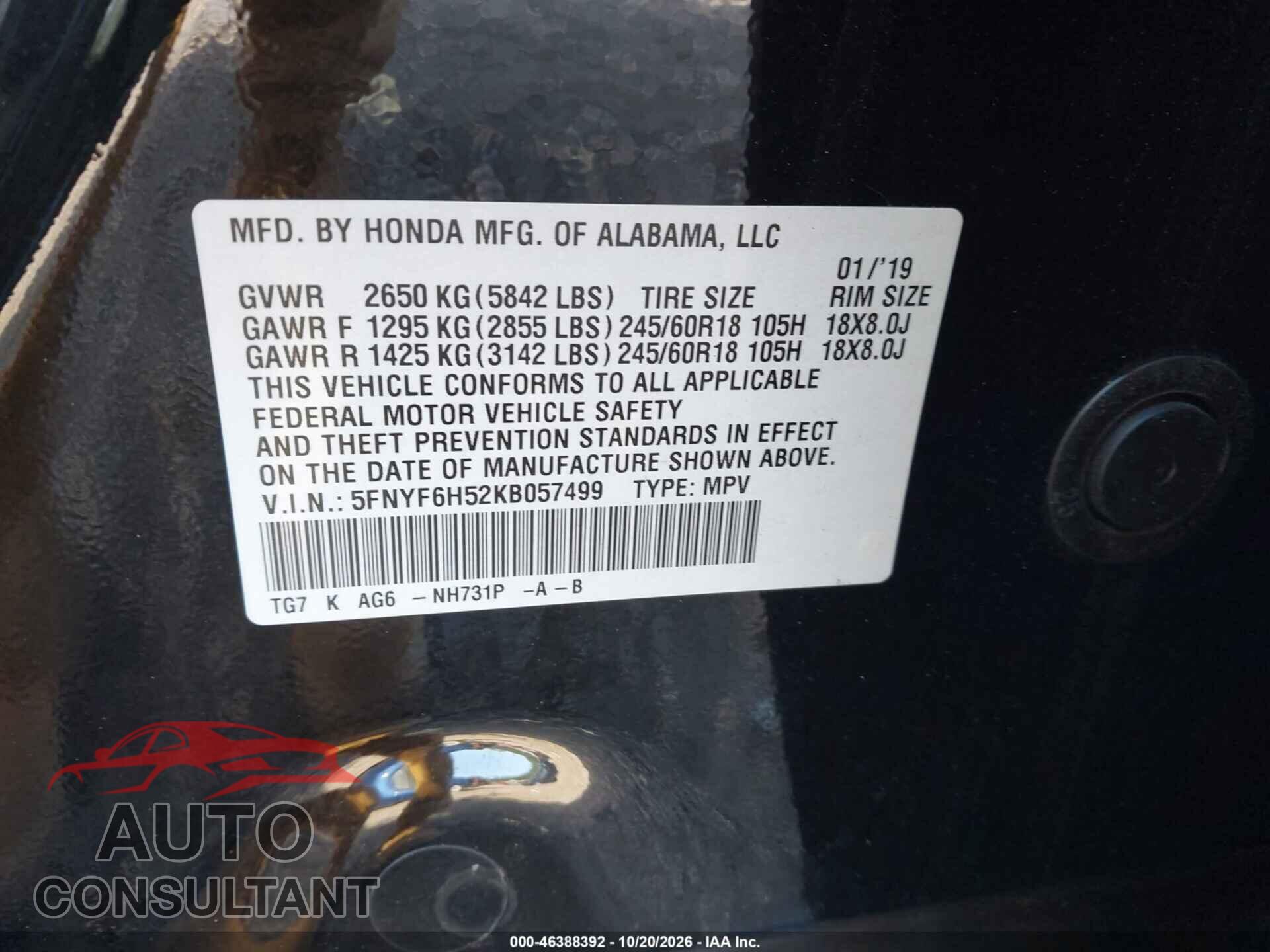 HONDA PILOT 2019 - 5FNYF6H52KB057499