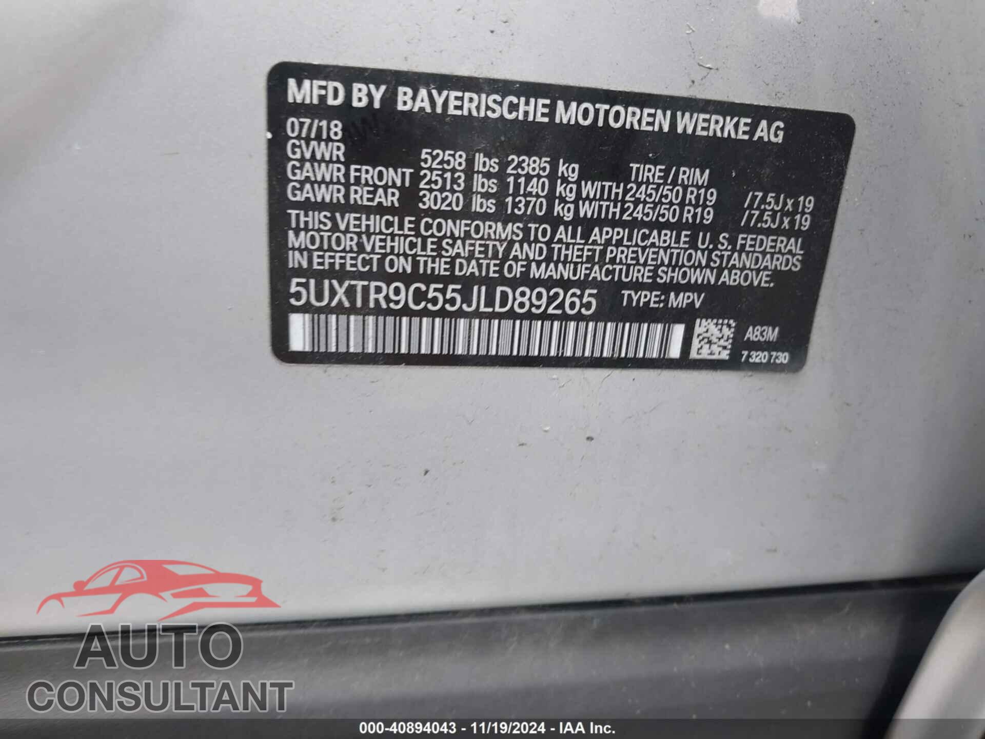 BMW X3 2018 - 5UXTR9C55JLD89265