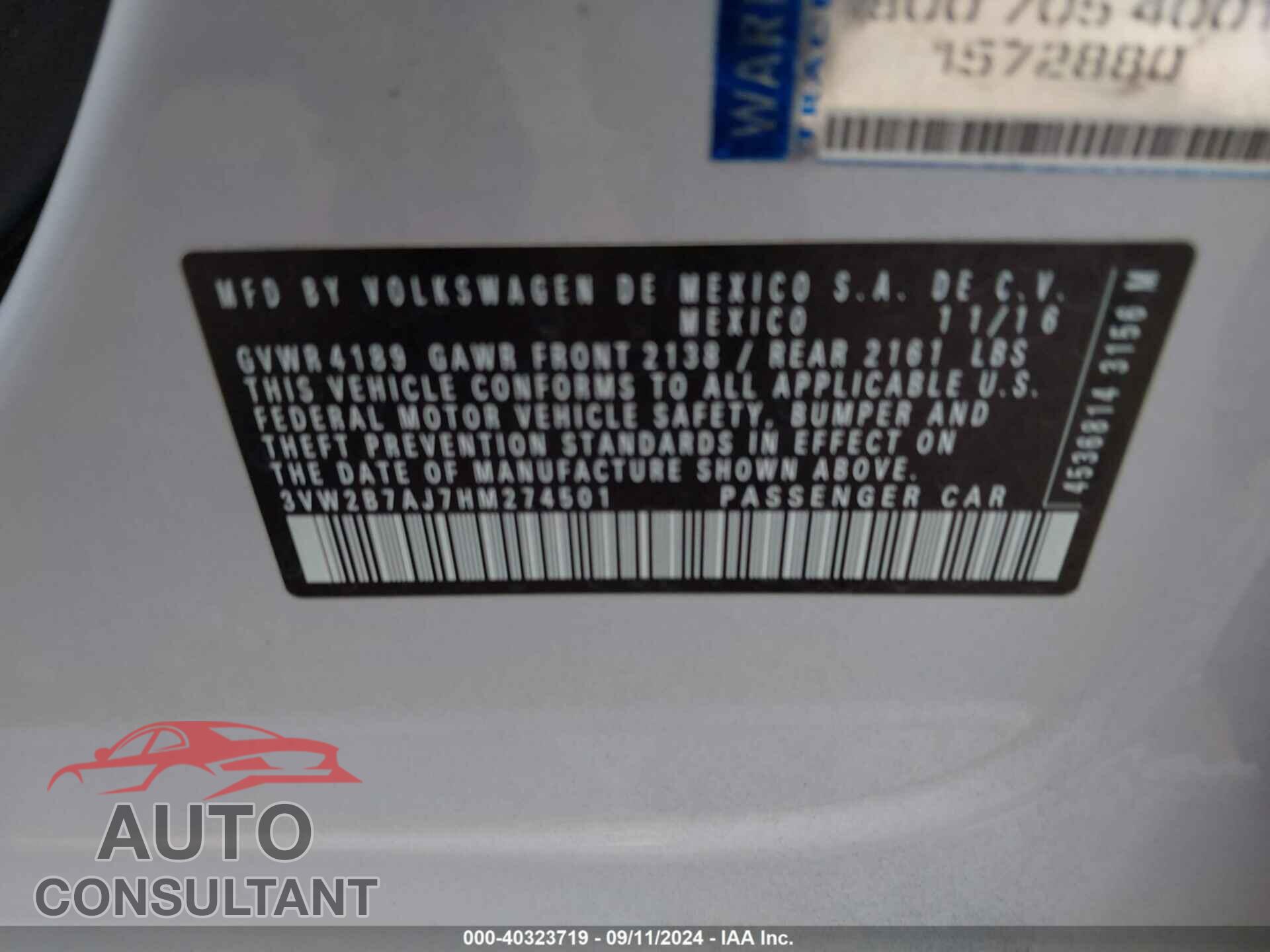 VOLKSWAGEN JETTA 2017 - 3VW2B7AJ7HM274501