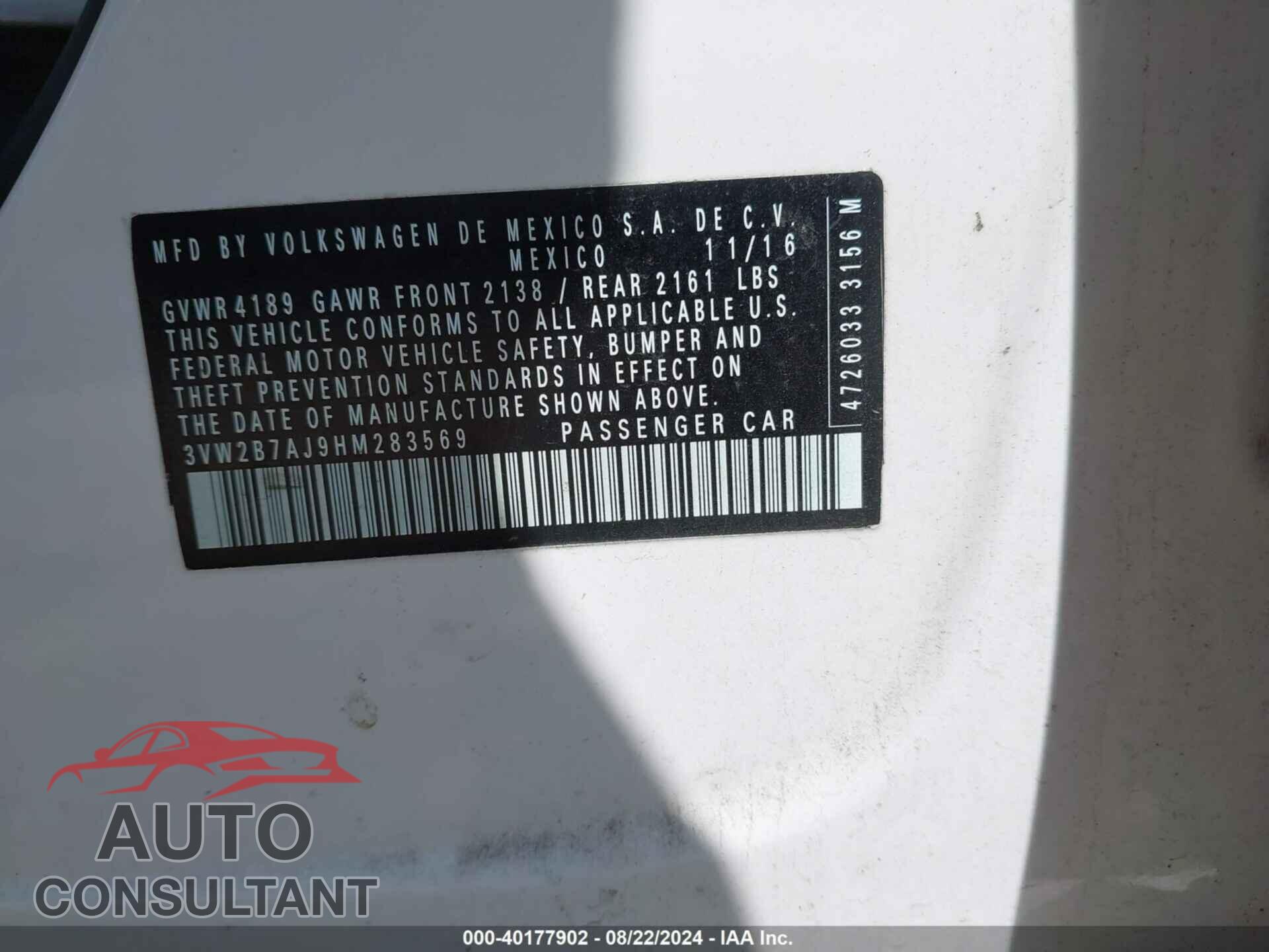 VOLKSWAGEN JETTA 2017 - 3VW2B7AJ9HM283569