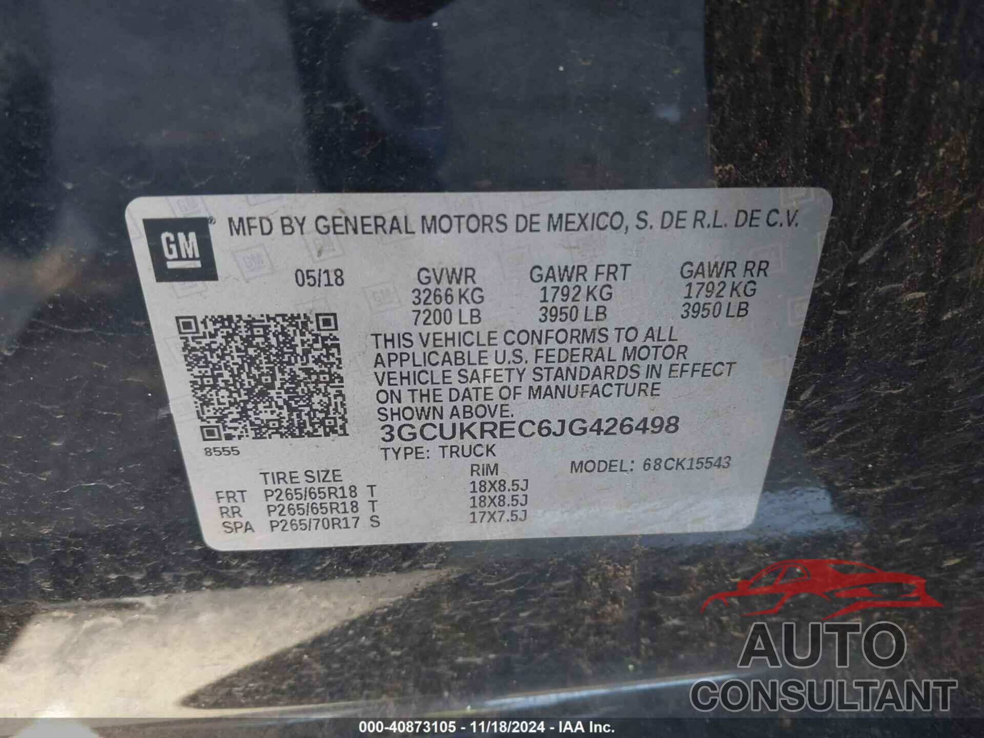 CHEVROLET SILVERADO 1500 2018 - 3GCUKREC6JG426498