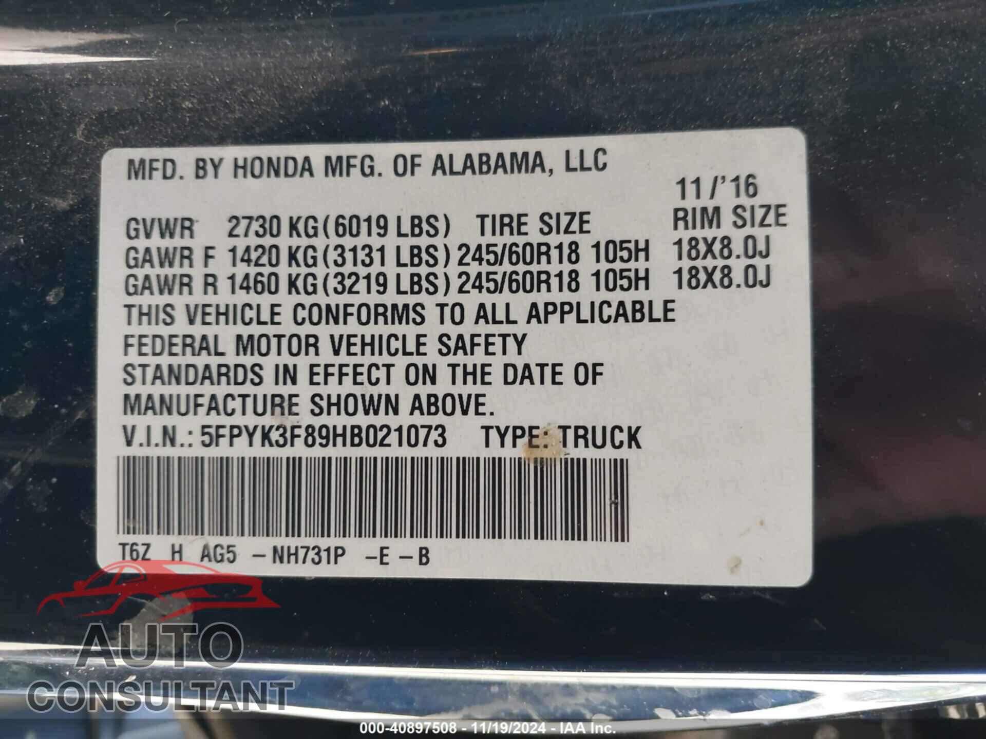 HONDA RIDGELINE 2017 - 5FPYK3F89HB021073