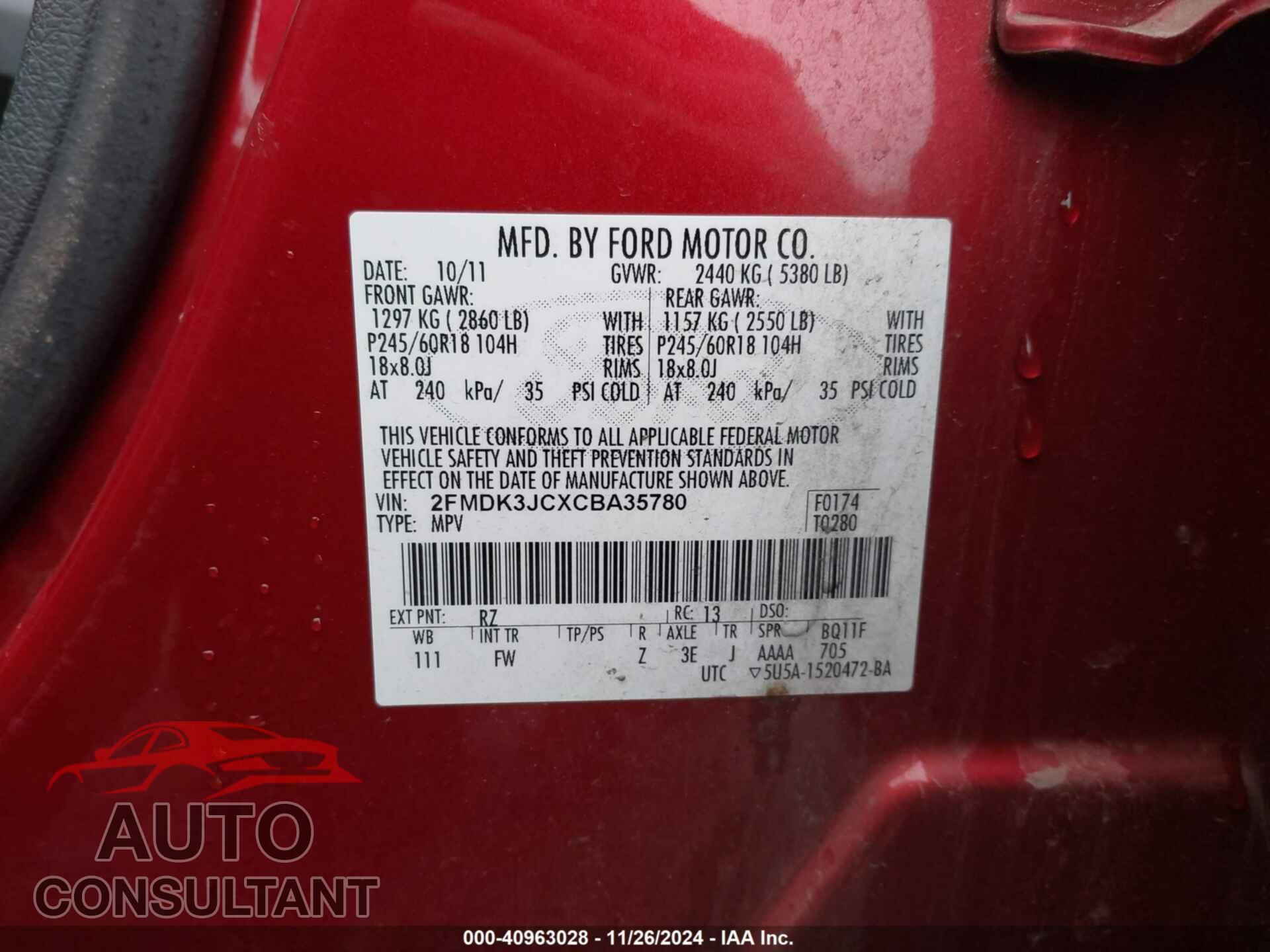 FORD EDGE 2012 - 2FMDK3JCXCBA35780